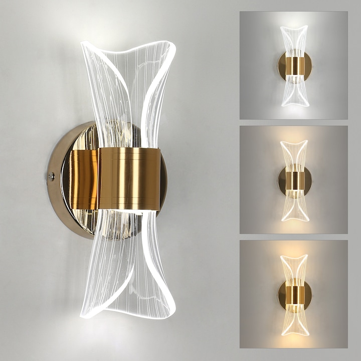 Wandleuchte Für Den Innenbereich Mit Verstellbaren Leds, 3000k/4500k/6500k, Toolight, 12w, 22x10x8cm, Moderne Acryl-designleuchte, Gold, Schlafzimmer, Wohnzimmer, Flur, Treppe