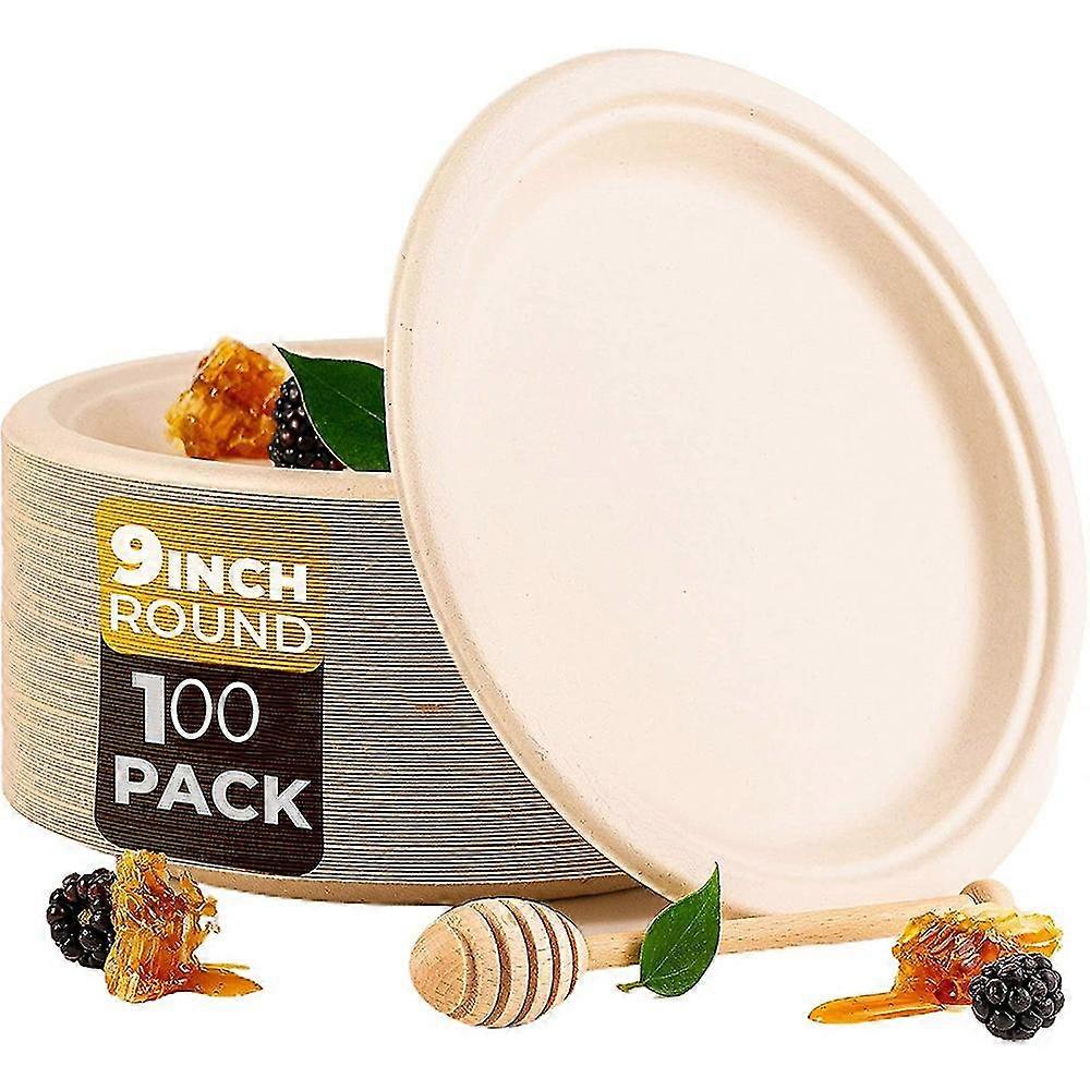 100 Stück Kompostierbare, Runde Bagasse-pappteller, 22,9 Cm, Biologisch Abbaubare Zuckerrohrfaser