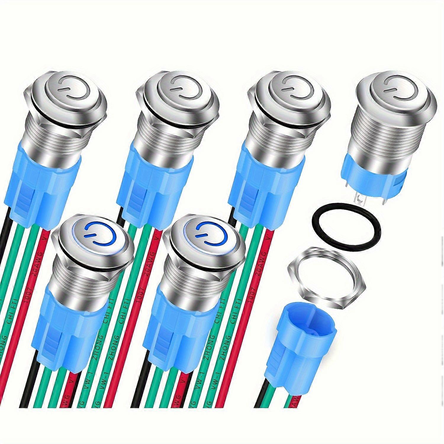 6 Stück 12 Mm Rastender Metall-drucktastenschalter Edelstahl, Blaue Led Ein/aus, Dauerstrom-logo, 4-polig, Schalttafelmontage, Lötanschluss, 36 V, Da