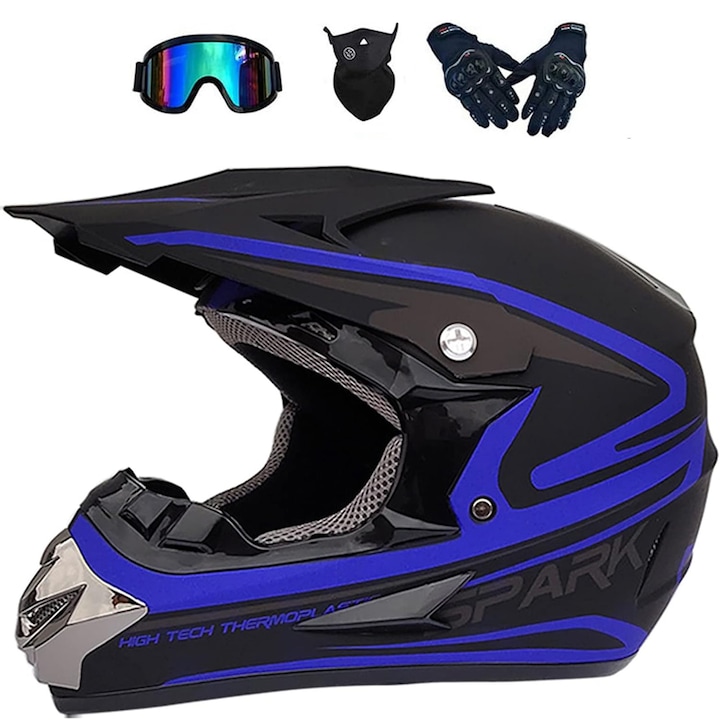 Cross-/enduro-/atv-helmset Ahp-high, Nuodwell, 4-teilig, Mit Winddichter Brille, Handschuhen Und Maske, Größe L, Dot-sicherheitszertifizierung, Aerodynamisches Design, Robust Und Stoßfest, Blau
