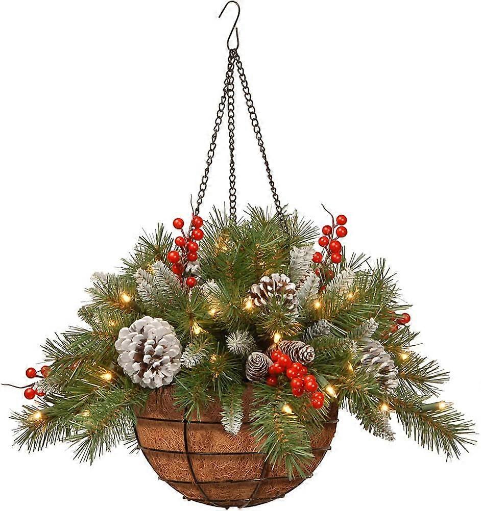 Beflockter Künstlicher Weihnachts-hängekorb Mit Verschiedenen Dekorationen Und Weißen Led-lichtern, Außendekoration, 28 Cm