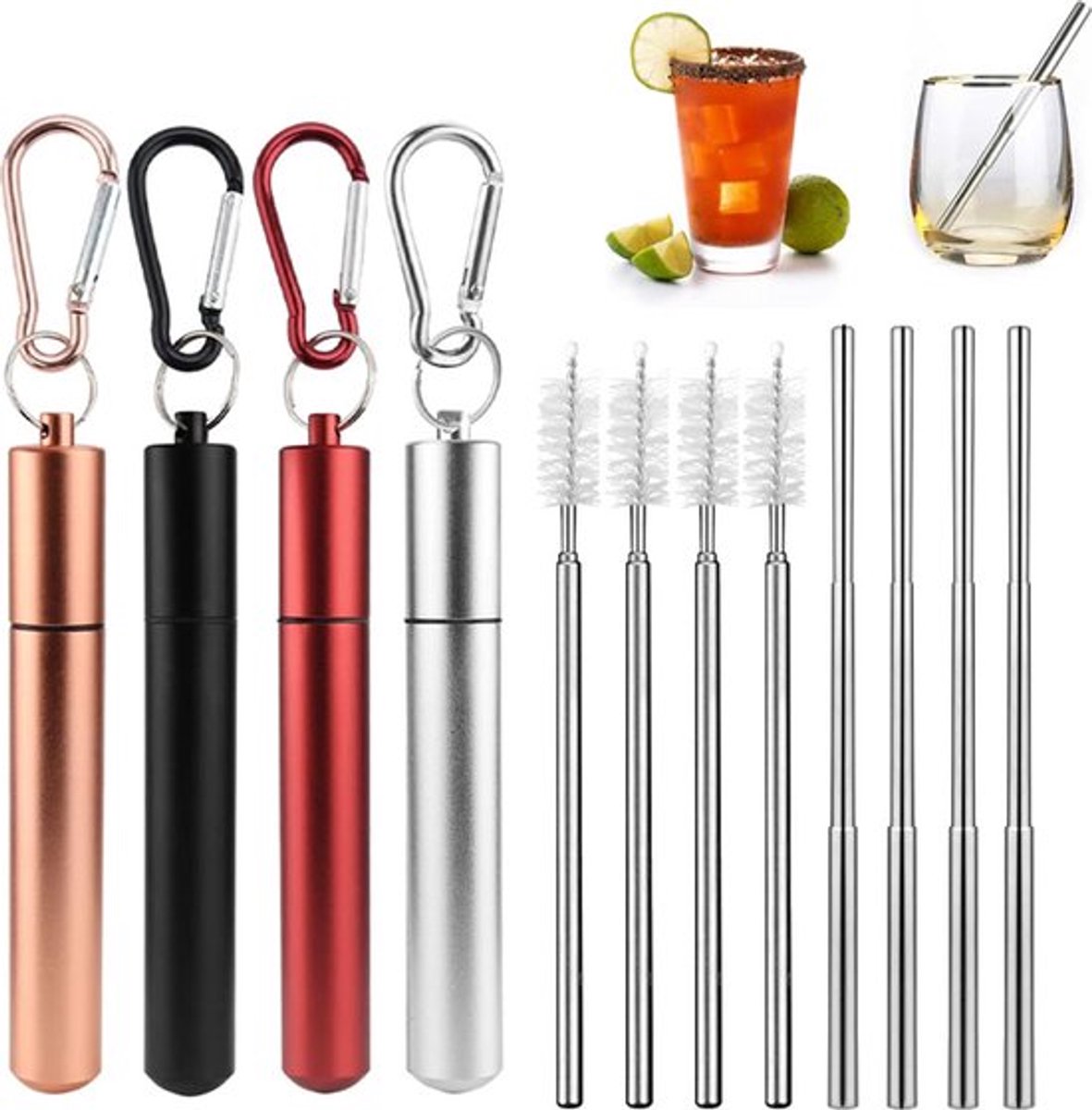 Set Wiederverwendbarer Metallstrohhalme - Nachhaltige Strohhalme - Cocktail-/smoothie-/milchshake-strohhalme Aus Edelstahl - Inklusive Reinigungsbürsten Und Aufbewahrungsdosen