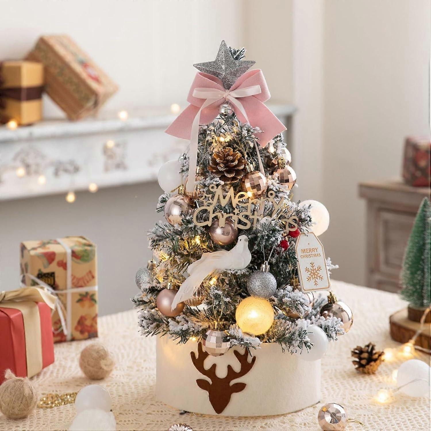 Künstlicher Mini-tisch-weihnachtsbaum, Mit Kunstschnee Bedeckt, Mit Hängenden Dekorationen Und Zartem Sockel, Rosa, 45 Cm (18 Zoll).