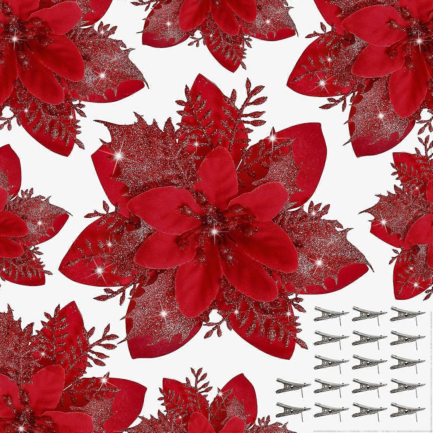15 Künstliche Weihnachtssterne Mit Clips, Glitzernder Weihnachtsbaumschmuck – Rot + Rot