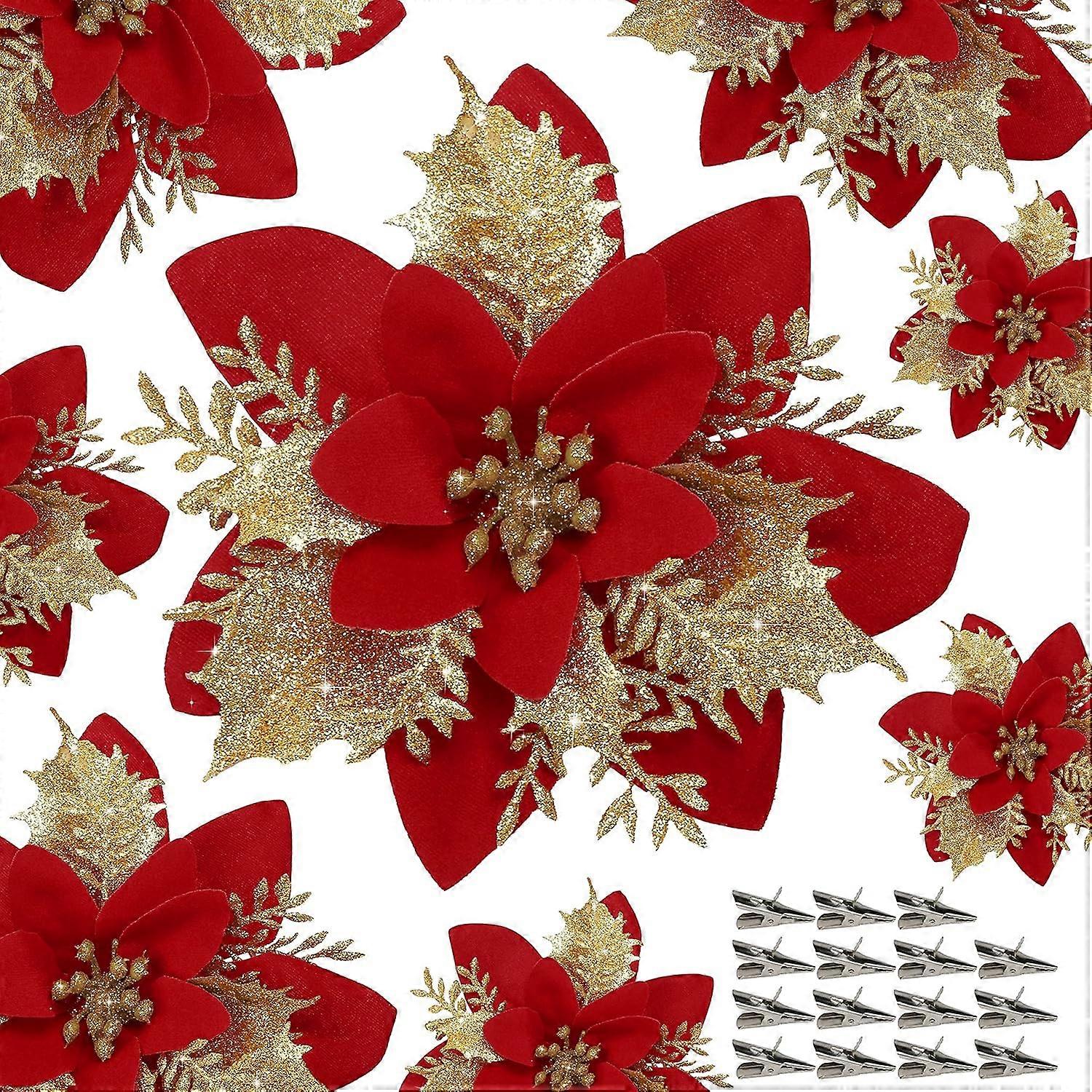 15 Stück Weihnachtsstern-blume, Künstlicher Weihnachtsstern Mit Clips, Weihnachtsdekoration, Glitzernder Weihnachtsstern, Weihnachtsbaumschmuck, Rot