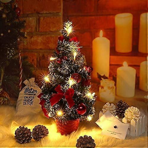 40 Cm Miniatur-weihnachtsbaum Mit Lichtern, Sternspitze, Kugeln, Schleifen Und Tannenzapfen (warmes Licht) – Rot