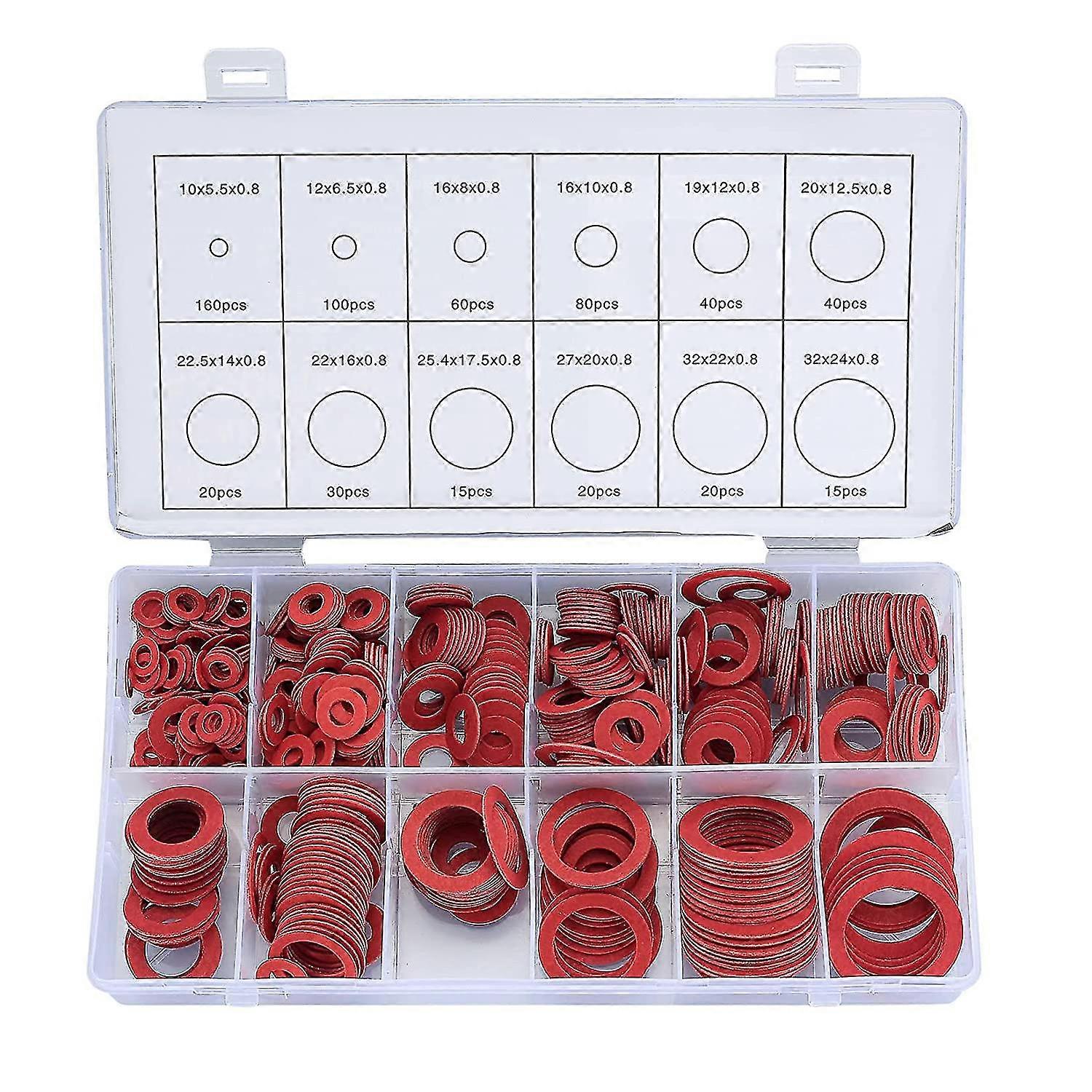 600-teiliges Faserset, 12 Größen, Rotes Stahlfaser-flachset, Flachring-sortimentsset