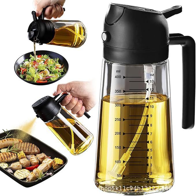 Oliveira 2-in-1 Ölsprüher 470 Ml, Multifunktionale Dosierflasche, Präzise Dosierung, Zum Kochen, Für Heißluftfritteusen Und Salate, Aus Glas Und Pvc, Zweifach Verstellbar, Schwarz