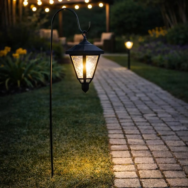 Gartenlaterne Mit Schwarzem Metall- Und Kunststoffarm, Warmweißem Led-licht, Höhe 22,5 Cm, 8 Stunden Akkulaufzeit, Batterie Enthalten, Dämmerungssensor, Wetterfest Für Garten, Terrasse Oder Gassen