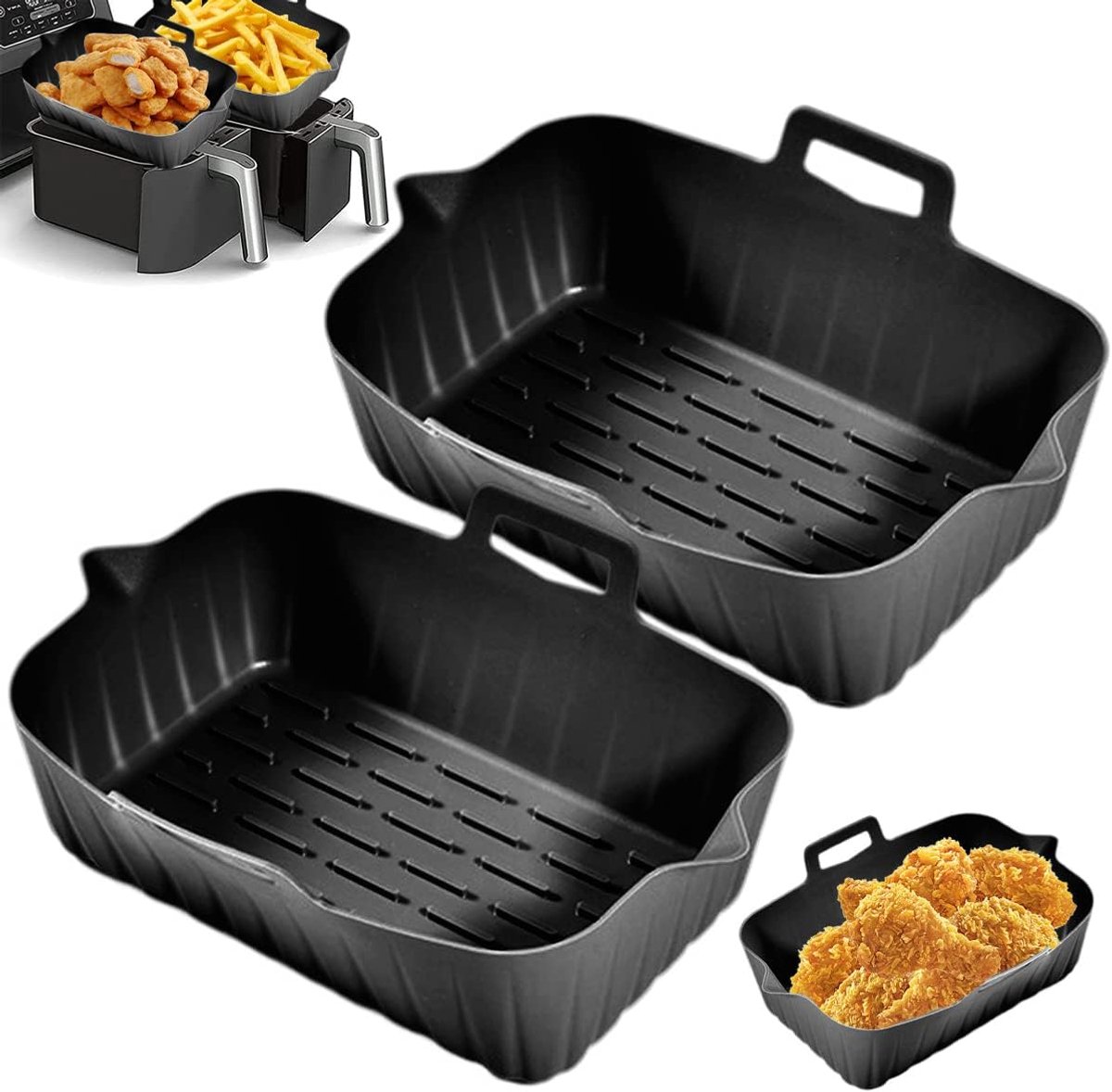 Zubehör Für Heißluftfritteuse - 2-teilig - Bpa-frei - Silikon-backform Für Heißluftfritteuse - 19 Cm X 6 Cm - Einlagen Für Heißluftfritteusen - Mit Griff - Hitzebeständig - Spülmaschinenfest - Schwarz