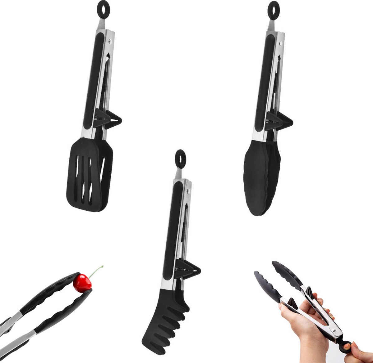 Fleischzange - 3er-set - Küchenzange - Spaghettizange - Pastazange - Servierzange - Kochzange - Mit Standfüßen Und Aufhängeösen - Salatzange - Spargelzange - Grillzange - Grillzubehör - Schwarz