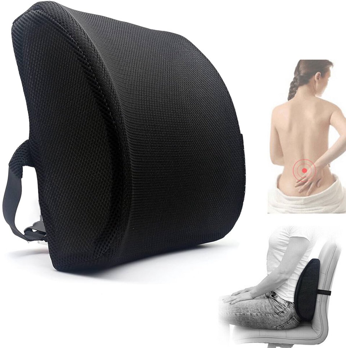 Ergonomisches Rückenkissen - 32 X 34 Cm - Mit Gurt - Rückenstütze - Orthopädisches Rückenkissen - Lendenwirbelstütze - Auto-rückenstütze - Geeignet Für Bürostuhl, Auto, Bett, Sofa - Schwarz