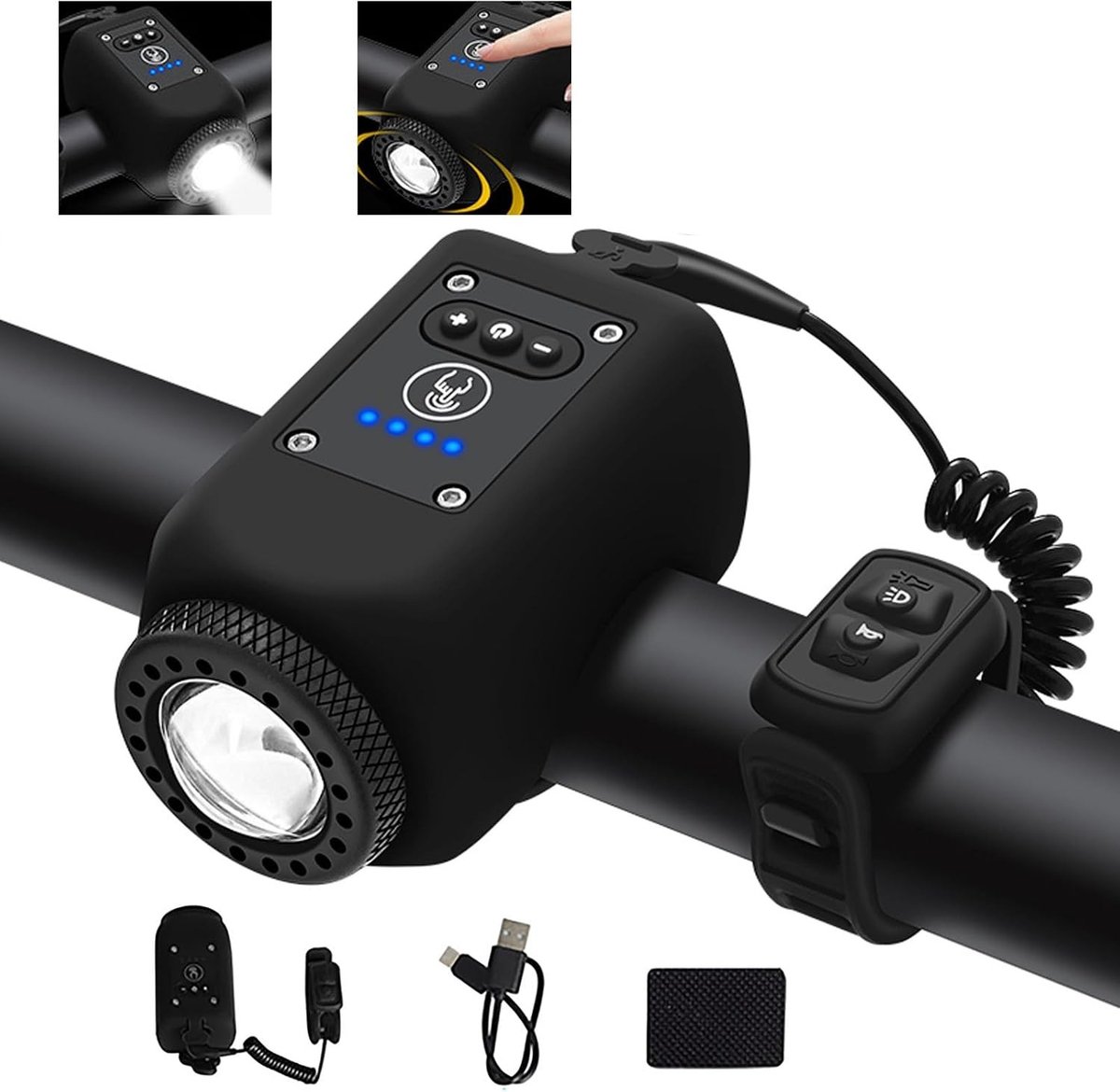Fahrradklingel - Elektrische Fahrradklingel - Fahrradbeleuchtung - Kinderfahrradklingel - Fahrradzubehör - Elektronische Fahrradhupe - Mini-fahrradklingel - Mit 6 Klingeltönen - 4 Lichtmodi - Schwarz