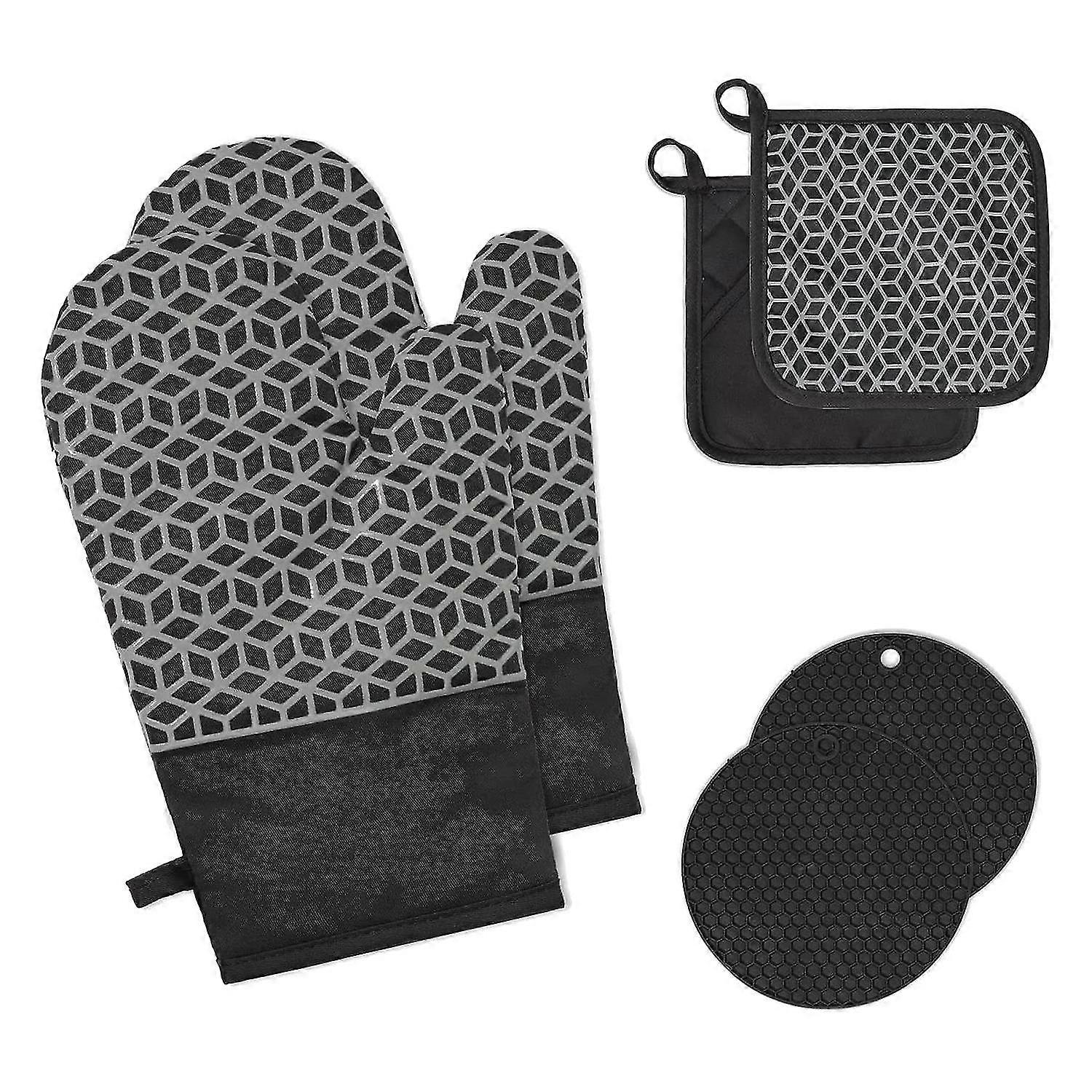 Ofenhandschuh-set, Topflappen, 300 °c Hitzebeständig, Schwarze Silikon-ofenhandschuhe Und Rutschfeste Baumwolle