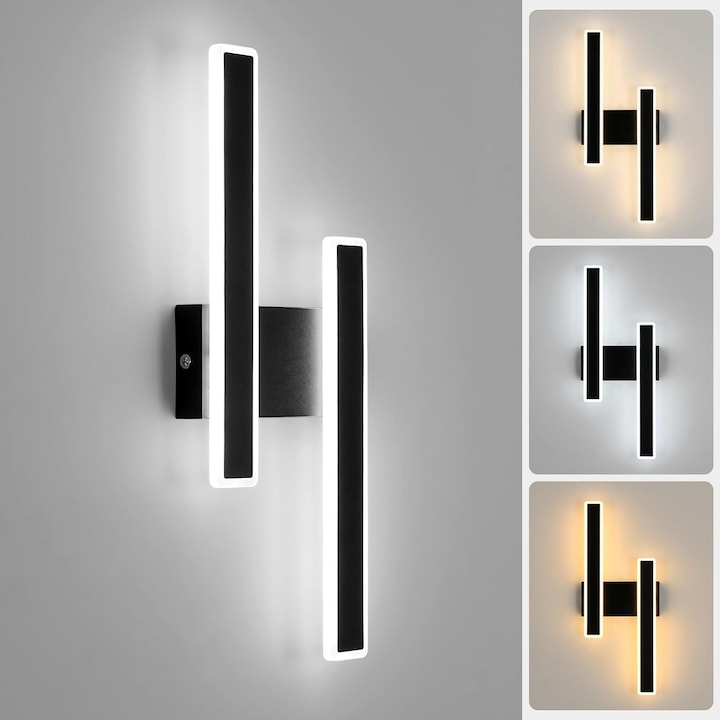 Acryl-led-wandleuchte, Goeco, 32 W, Doppelkopf, Rechteckig, Maße 46 X 18 X 6 Cm, 3000 K + 4500 K + 6500 K, 220 V, Schwarz