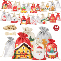 Ortviai – 24 Adventskalender-säckchen Aus Stoff – Weihnachtsbeutel Mit Zugband, Zahlen Und Motiven, Wiederverwendbar – Kompatibel Mit Süßigkeiten Und Kleinen Geschenken