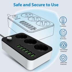 Ortviai – Steckdosenleiste Mit 3 Steckdosen Und 6 Usb-ports – Mehrfachsteckdose Mit Schalter, 2500 W, Überspannungsschutz – Kompatibel Mit Haushaltsgeräten Und Ladegeräten