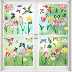 Ortviai – 9 Bögen Frühlings-fensterbilder – Selbstklebende Fensteraufkleber Mit Blumen, Schmetterlingen Und Kolibris – Kompatibel Mit Fenstern, Spiegeln Und Glastüren