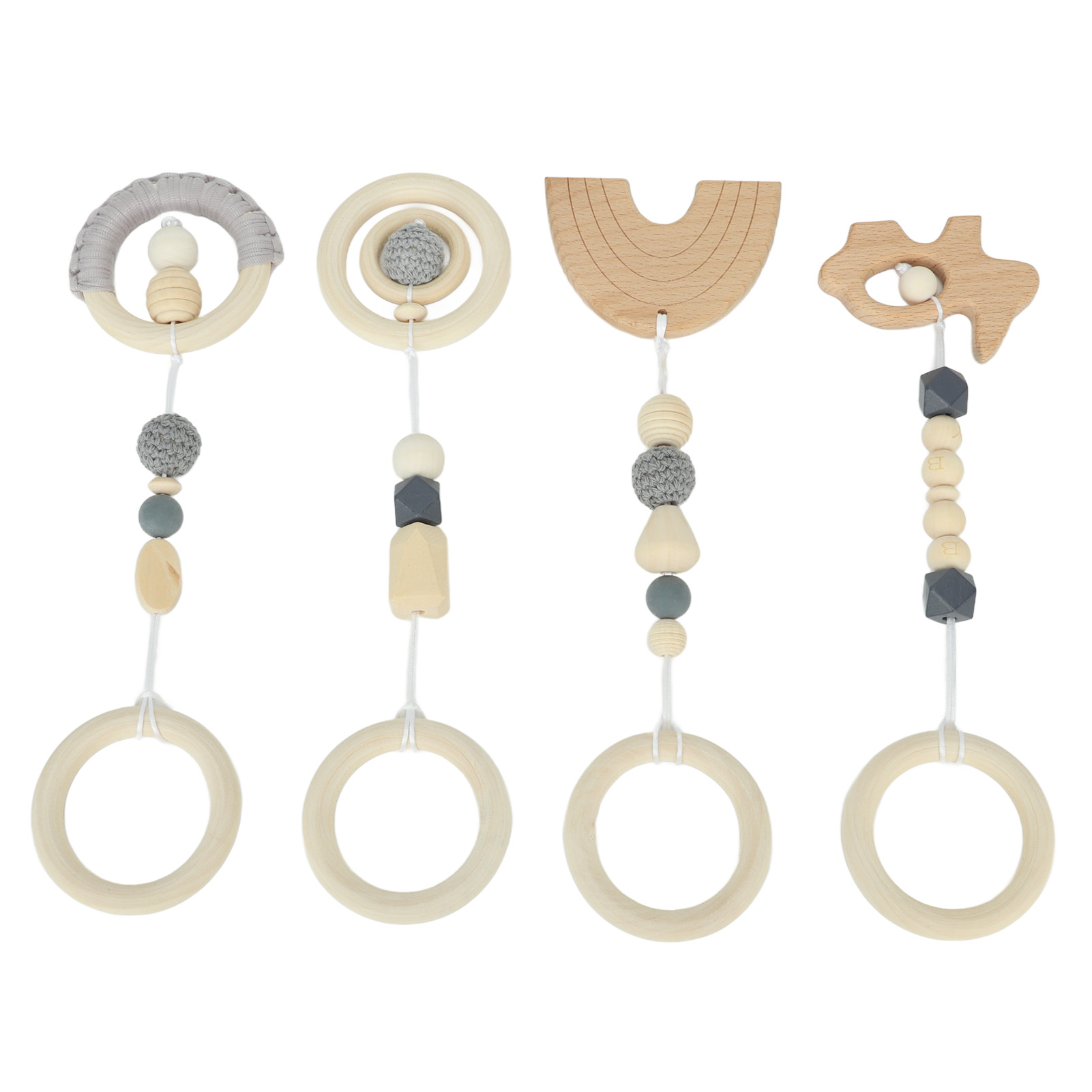 4-teiliges Kinderwagen-anhänger-spielzeug, Baby-spielcenter Aus Holz, Hängespielzeug Für Kleinkinder Und Babys, Grau