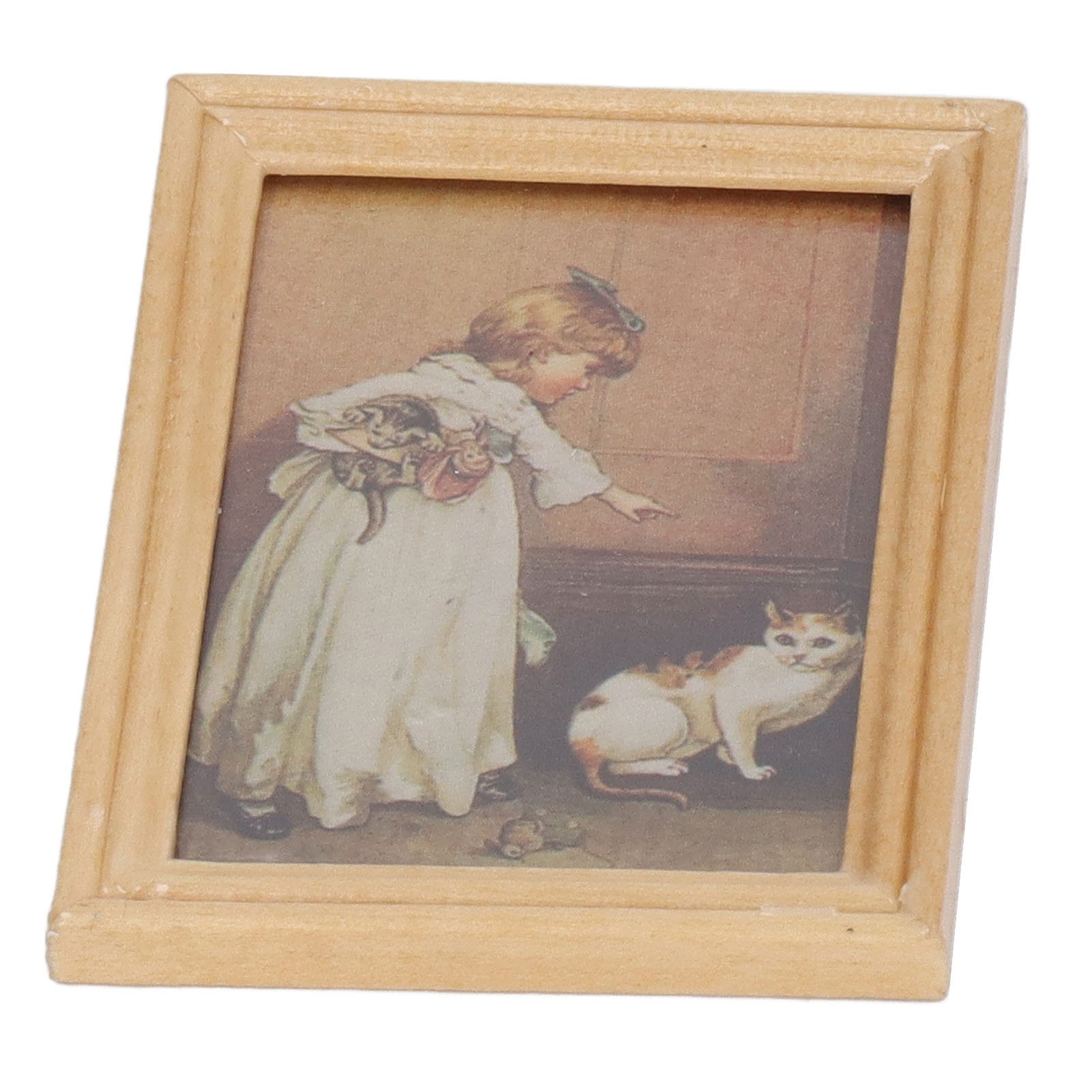 Puppenhaus-miniatur-bilderrahmen Aus Bemaltem Holz, Mädchen Und Katze, Niedlicher, Exquisiter, Tragbarer Miniatur-bilderrahmen Für Puppenhäuser Im Maßstab 1:12