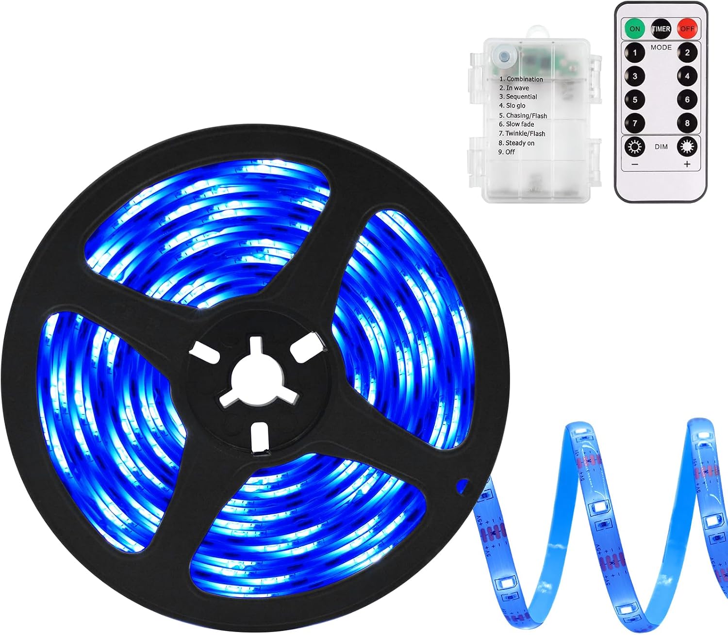 Blauer Led-lichtstreifen, Batteriebetrieben, Mit Fernbedienung, 8 Modi, Selbstklebend, 3 Meter Lang, Dekorativ.