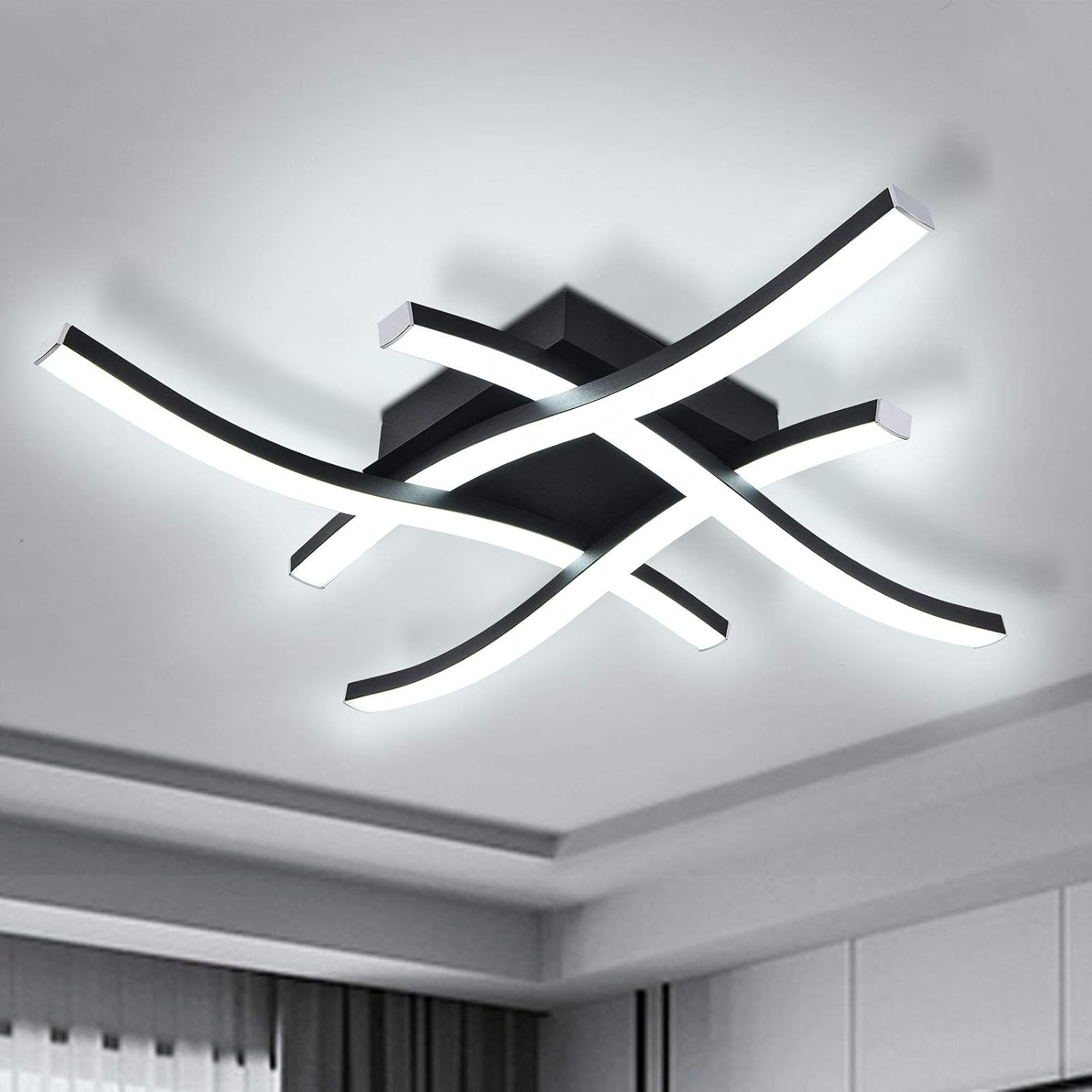 Moderne Led-deckenleuchte, Gebogenes Design Mit Vier Lampen, Einbauleuchte, Geeignet Für Den Innenbereich, Weißes Licht, Schwarzes Licht.