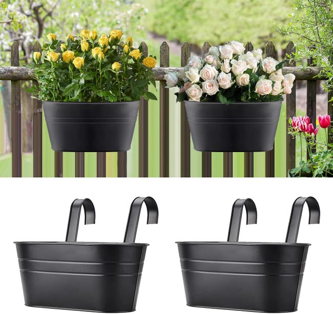 Hängende Metallblumentöpfe Mit Haken, Geeignet Für Balkone, Zäune Und Gärten, Schwarz, 2er-set