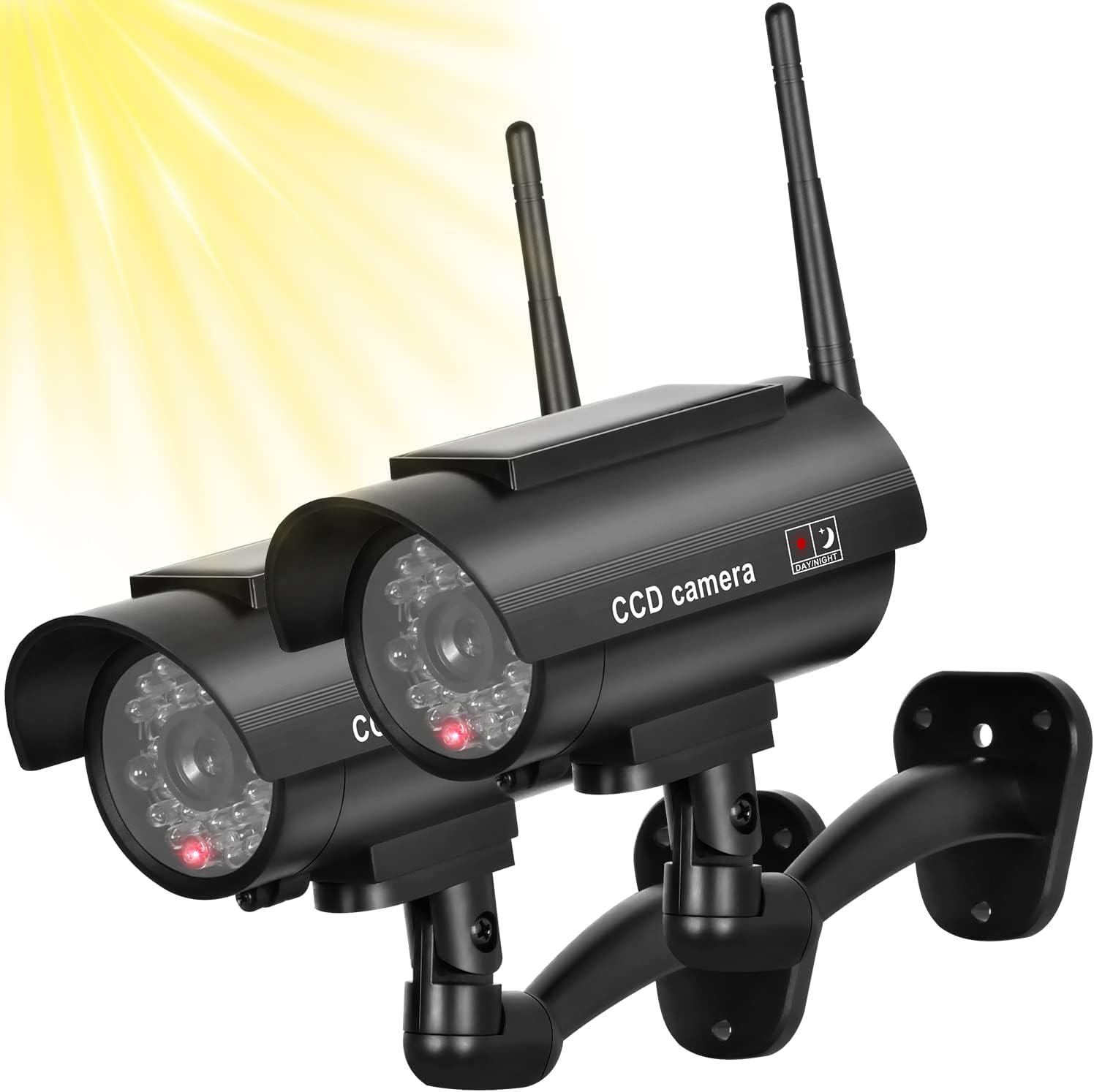Attrappe Einer Solarbetriebenen Überwachungskamera, Simulierte Überwachung, Mit Rotem Blitzsensor (2er-pack, Schwarz)
