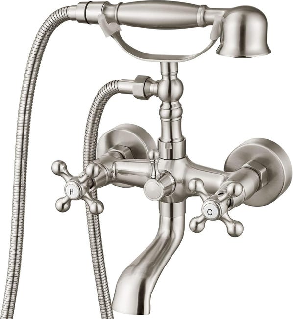 Vintage-wandbadewanne Aus Gebürstetem Nickel Mit Armatur Und Duschset, 1-teilig