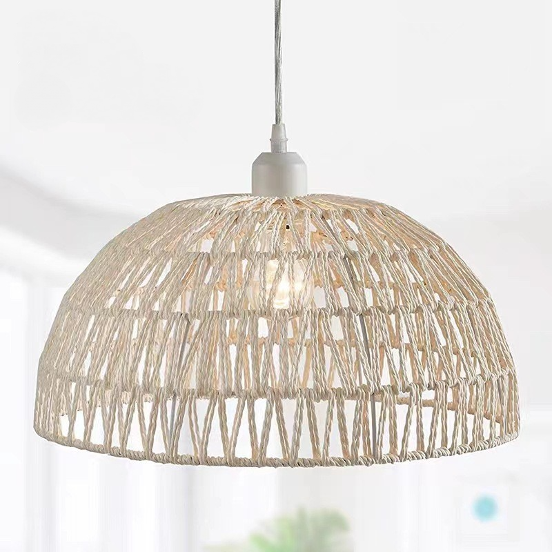 Retro-hängeleuchte Aus Rattan, E27-fassung, Ideal Für Wohnzimmer, Schlafzimmer, Esszimmer Oder Büro. Weiß, Leuchtmittel Inklusive.