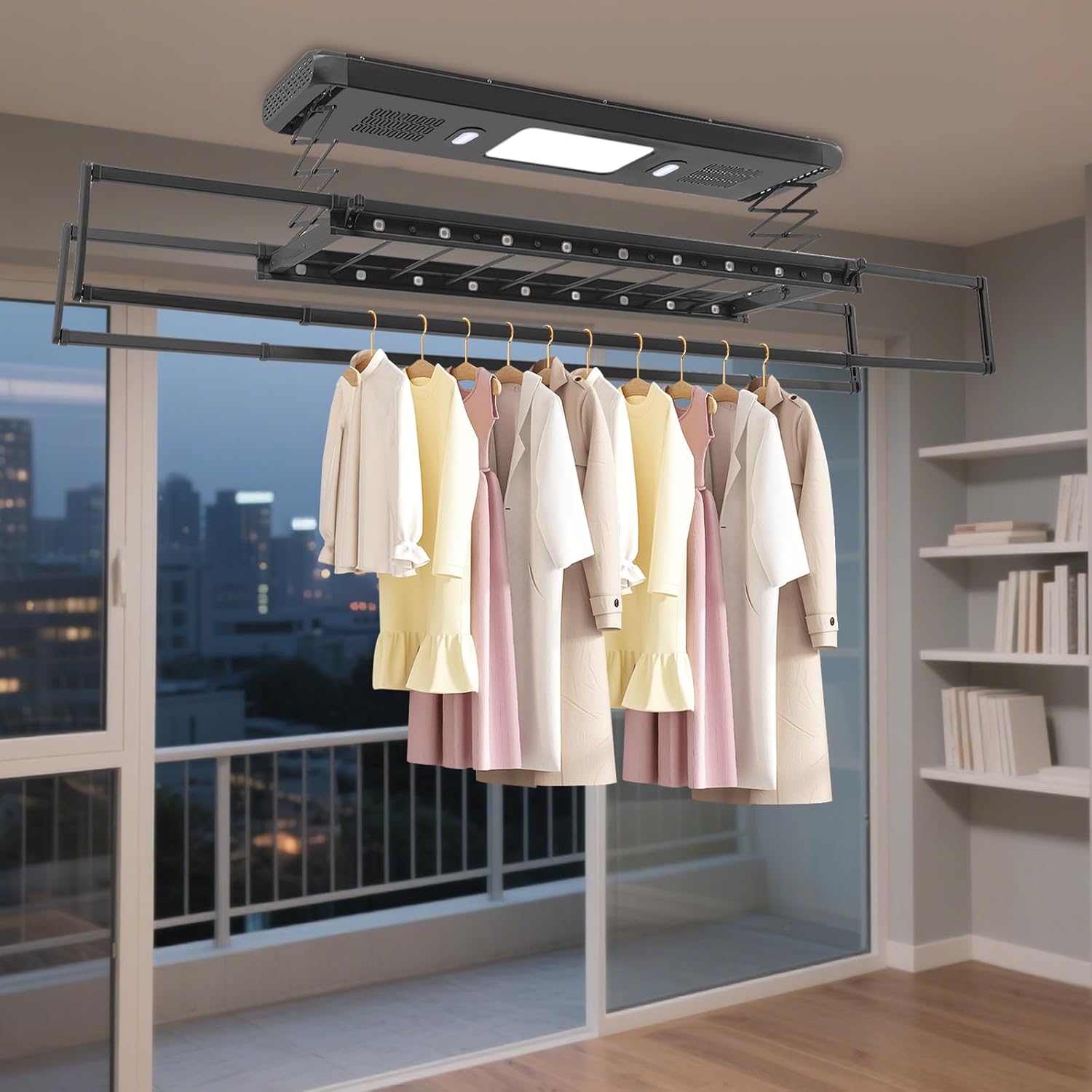 Schwarz Elektrisch Decken Wäschetrockner, Ausziehbar Deckenmontage Elektrisch Wäscheständer, Mit Fernbedienung Und 24w 6500k Led-beleuchtung, Für Kleinen Haushalten