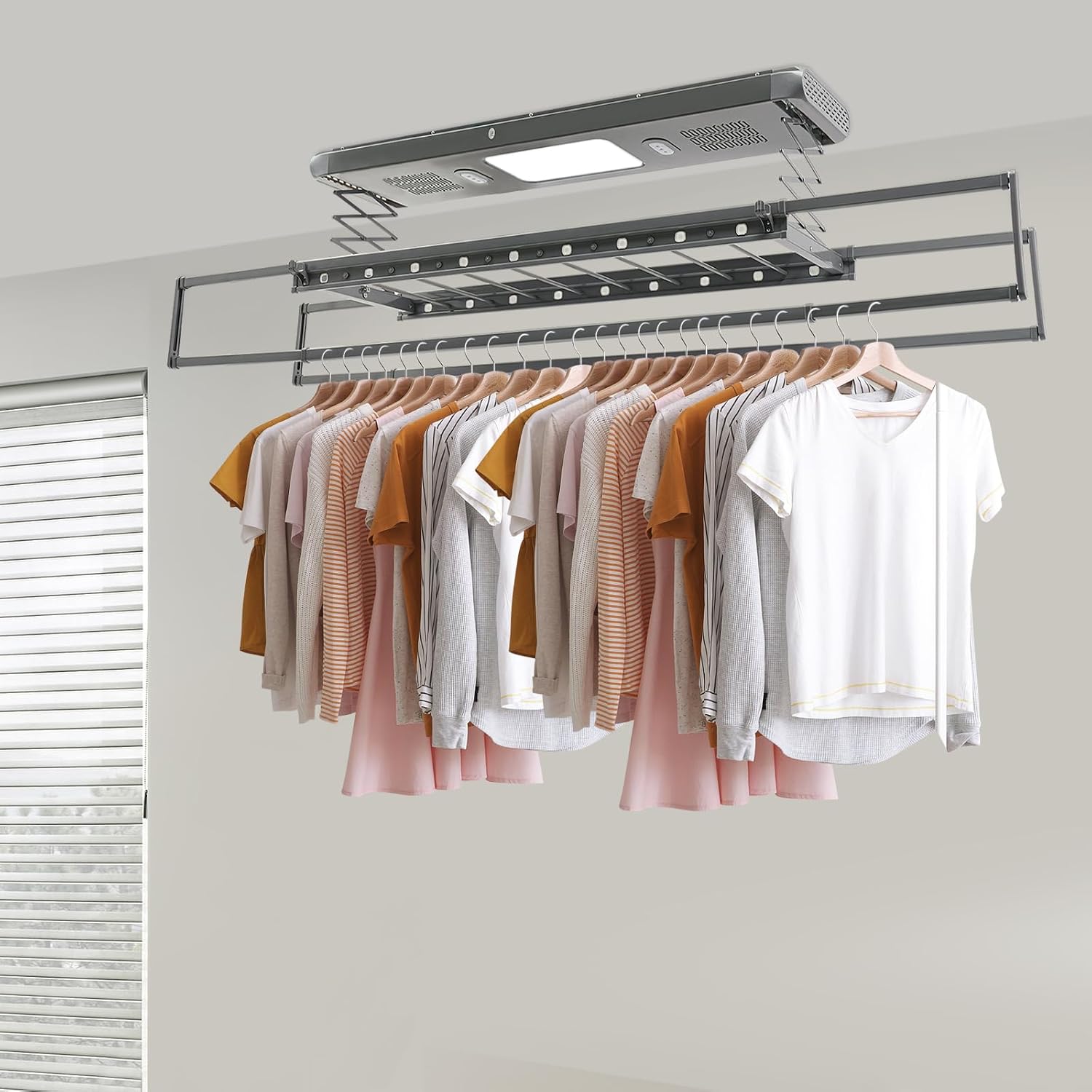 Elektrisch Decken Wäschetrockner, Ausziehbar Deckenmontage Elektrisch Wäscheständer, Mit Fernbedienung Und 24w 6500k Led-beleuchtung, Für Kleinen Haushalten (eisengrau)