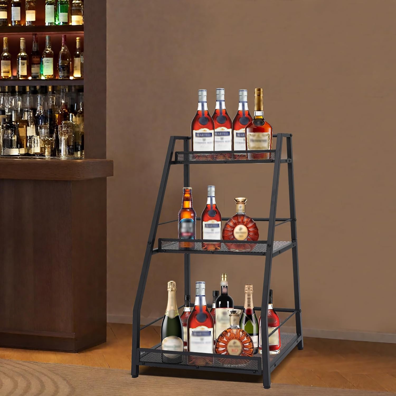 3-tier Abgestufte Liquor Cabinet Mini Bar, Weinregal Freistehend Boden Für Whiskey, Ecke Liquor Flasche Display Regal, Gesamtlast 50kg Für Home Küche Esszimmer Wohnzimmer, Schwarz