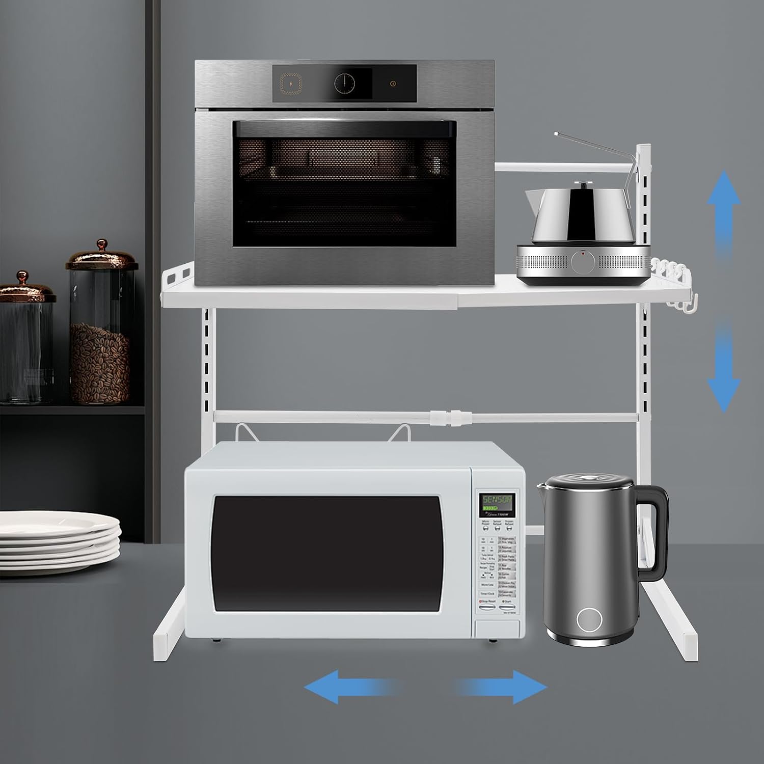 Doppelstock Mikrowellen Regal Verstellbar 39‑62×33×59cm, Mit Hängehaken, Platzsparend Stabil Für Küche, Kaffeemaschine & Haushalt