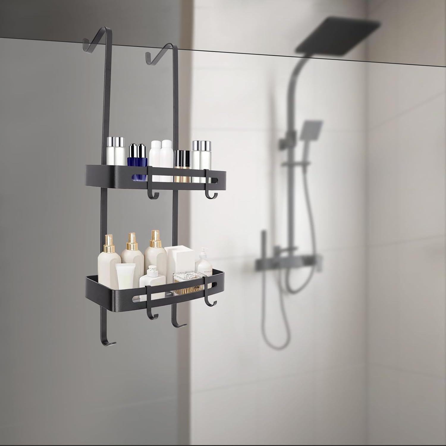 2 Stufiges Badezimmerregal Hängend, Dusch Organizer Aluminium Mit 4 Haken, Übertür Duschregal Ohne Bohren Für Dusche Bad