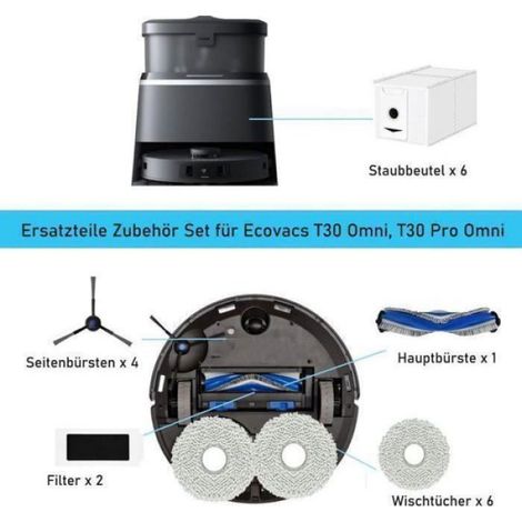 Zubehörset Für Saugroboter – Für Ecovacs Deebot T30 Omni T30 Pro Omni – 2 Hauptbürsten, 8 Antibakterielle Staubbeutel, 4 Filter, 6 Seitenbürsten, 6 Reinigungspads