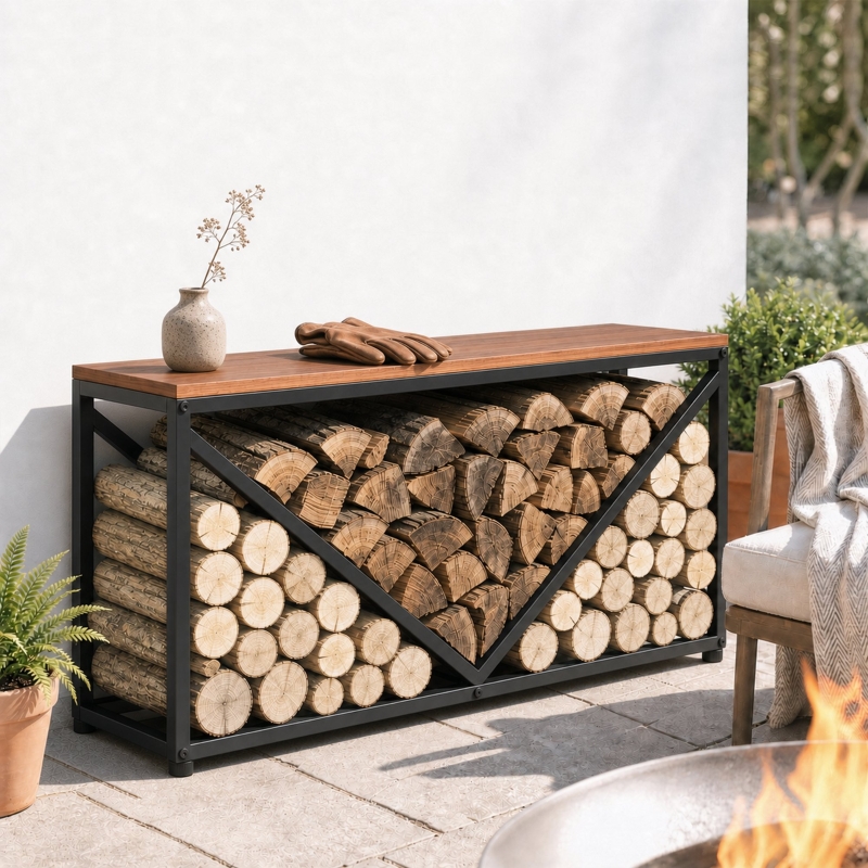 2-in-1 Kaminholzregal Für Innen 98 X 28 X 50 Cm Erhöhtes Brennholzregal Mit Ablage Trennwand Beistelltisch