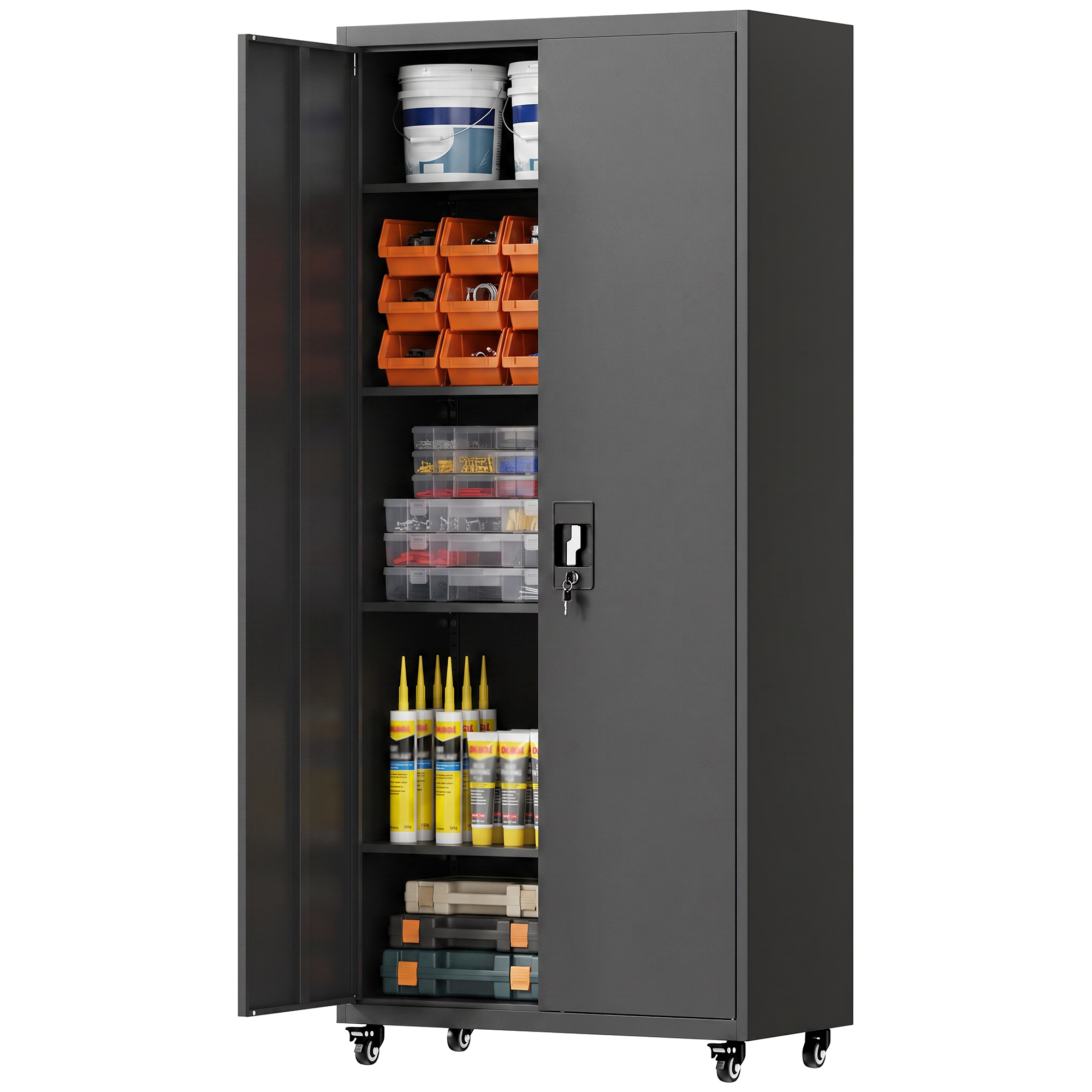 Aktenschrank, Abschließbar Metallschrank Mit Rollen, Verstellbaren Ablagen, Aus Stahl, 80 X 40 X 180 Cm Schwarz