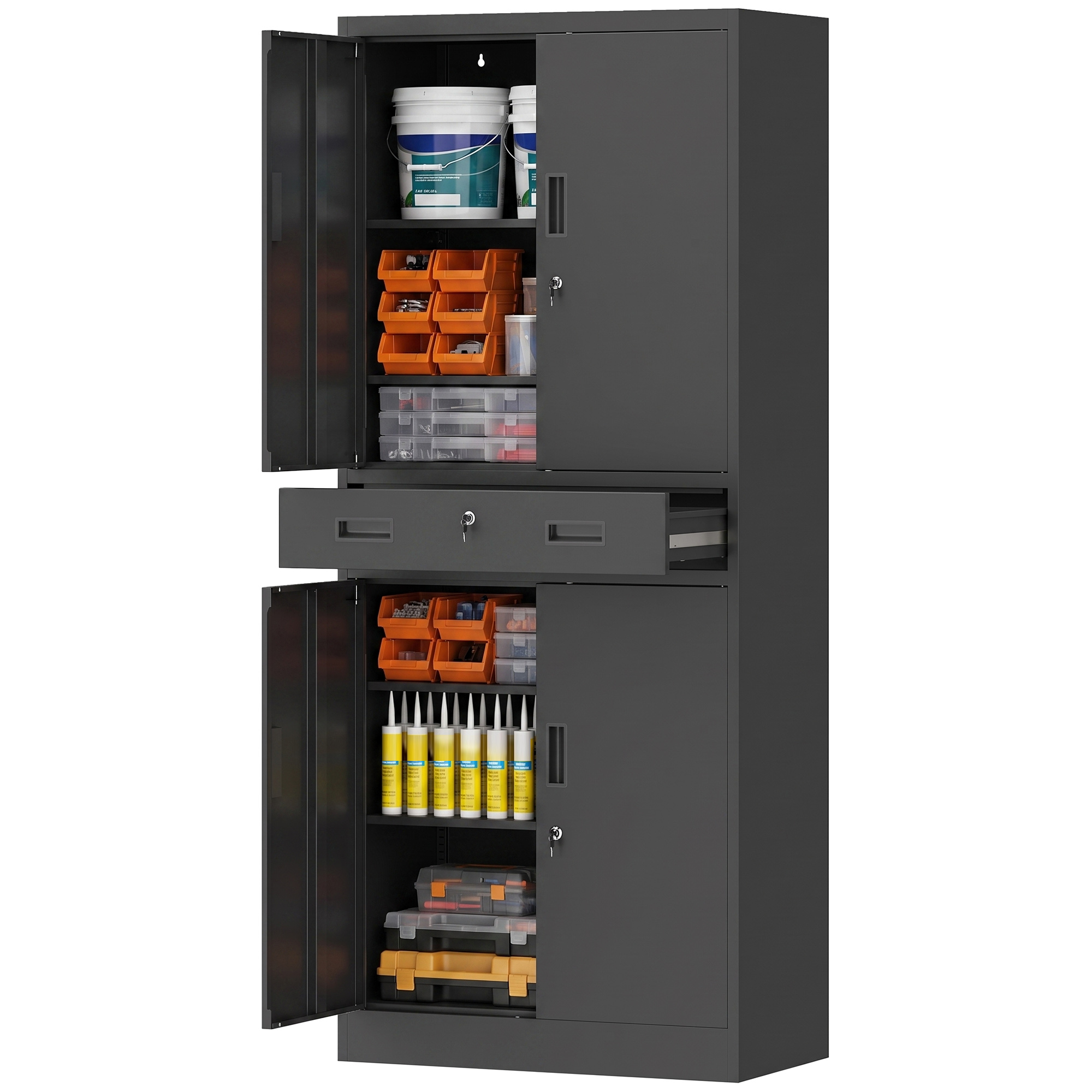 Metallschrank 180 Cm, Werkzeugschrank Mit Abschließbaren Türen, Schublade Und Verstellbaren Böden, Schwarz