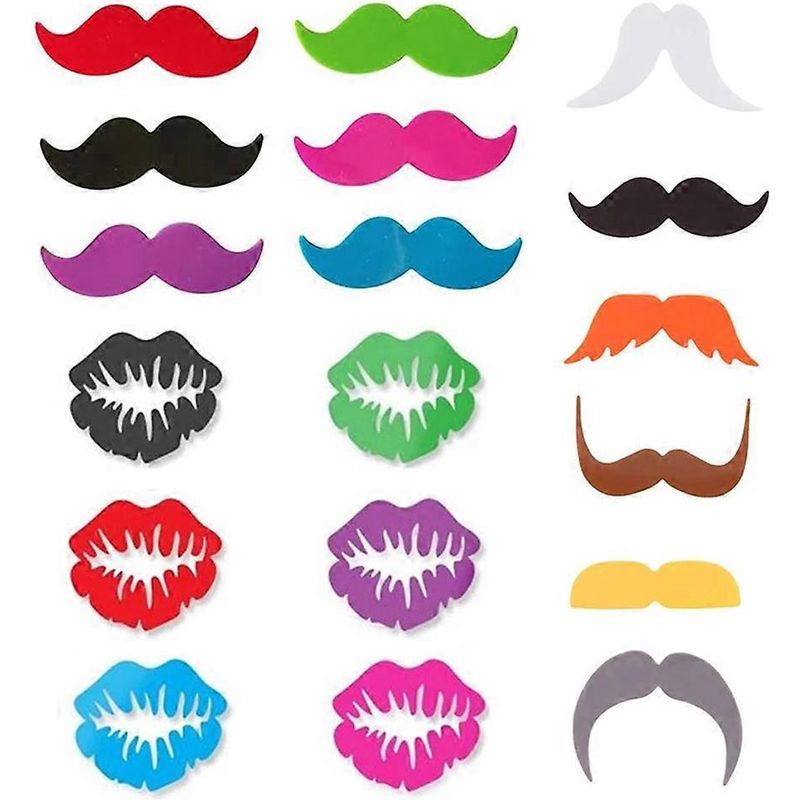 Set Aus 18 Silikon-glasmarkern In Form Von Lippen Und Bärten Zur Kennzeichnung Von Gläsern Sowie Bar- Und Partyaccessoires.