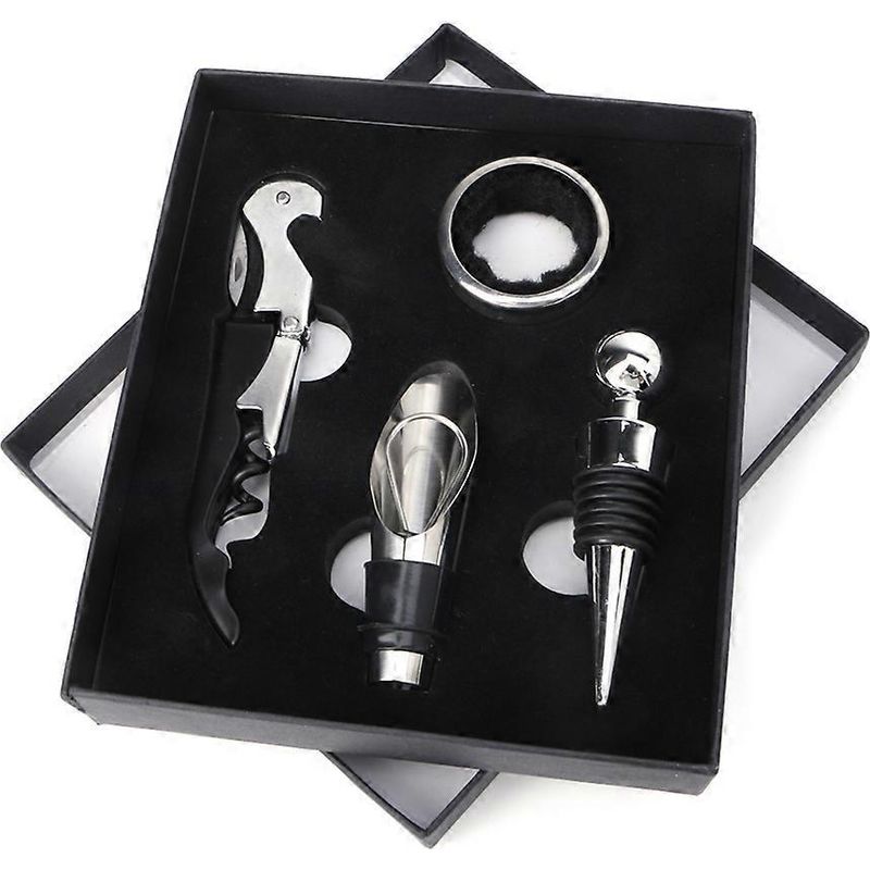 Geschenkset Mit 4 Weinwerkzeugen Aus Edelstahl: Flaschenöffner, Korkenzieher Und Ausgießer.