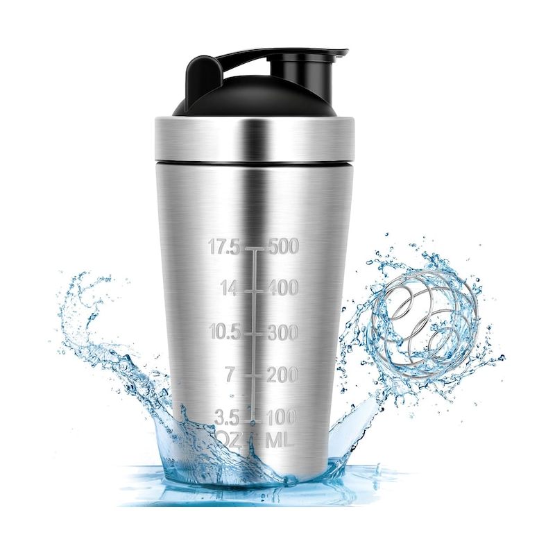 Tragbarer Edelstahl-shaker 500 Ml Silber, Protein-mixbehälter, Reiseflasche Aus Metall, Robuster Sport-shaker, Bpa-frei, Auslaufsicherer Deckel, Fitnessgerät.