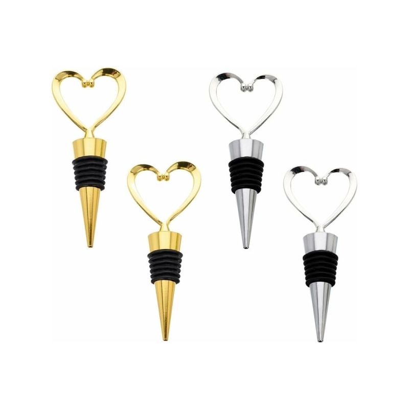 Silberner Herzförmiger Weinverschluss Aus Metall (x2) + Goldener Herzförmiger Flaschenverschluss (x2), 4er-set, Sommelier-accessoire, Auslaufsicher Und Wiederverwendbar.