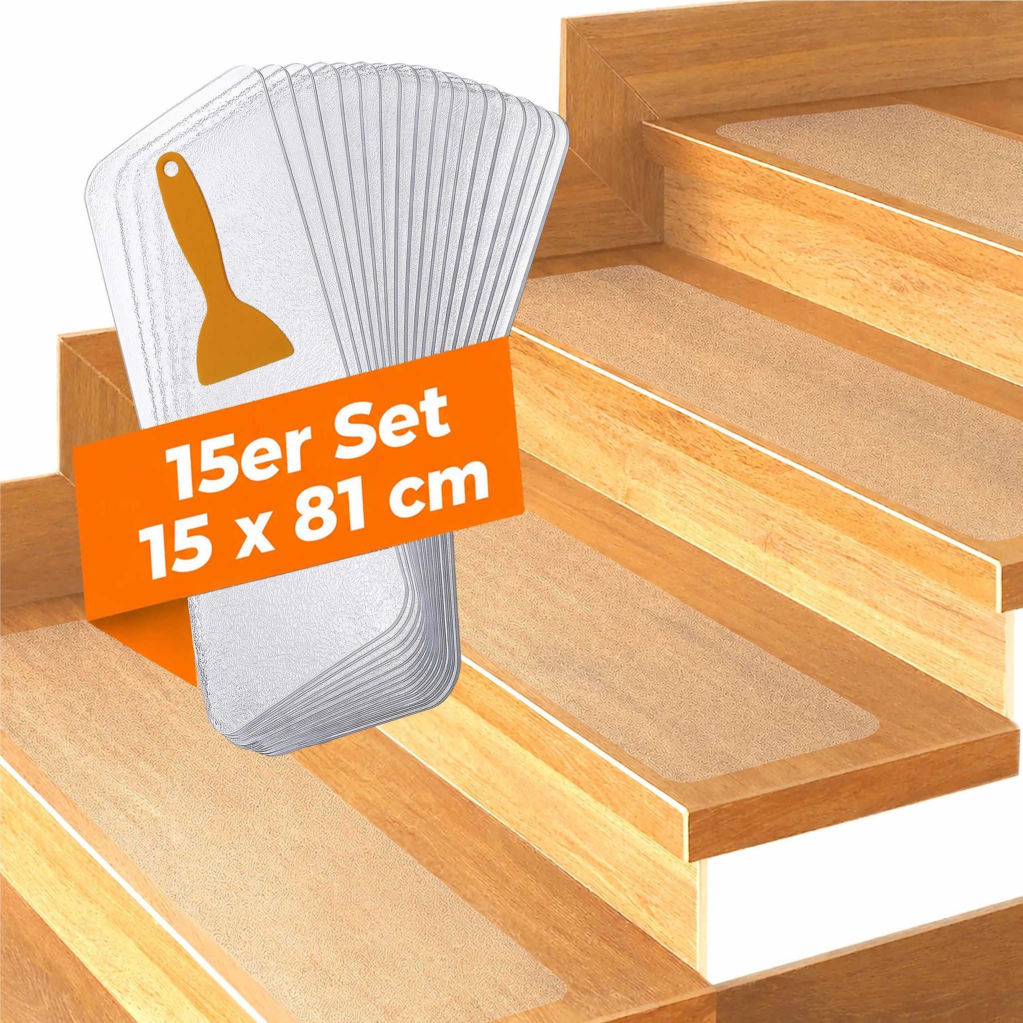 Relaxdays Stufenmatten, 15er Set, Antirutschmatte, Bxt: 15x81 Cm, Für Treppen, Treppenmatte Selbstklebend, Transparent