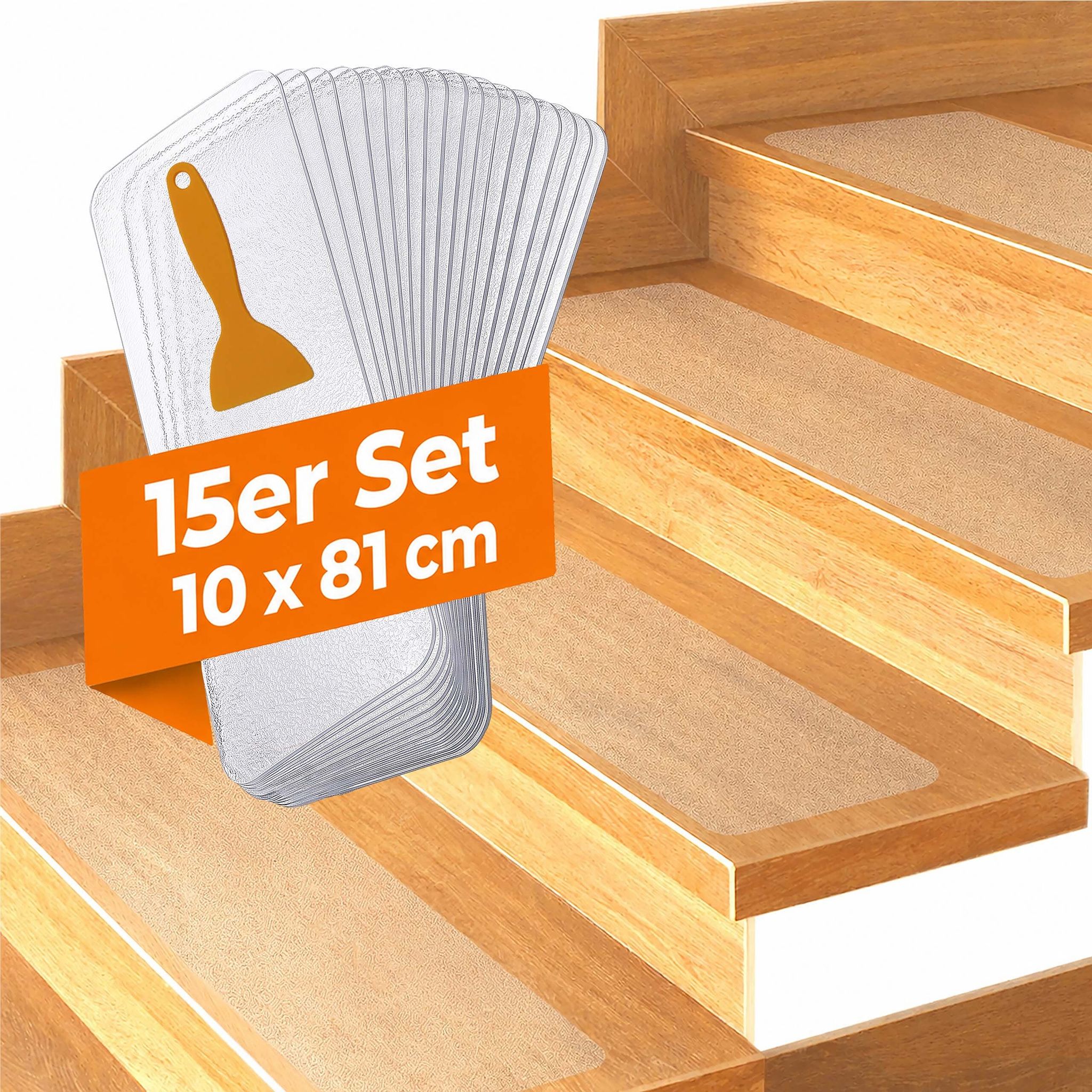 Relaxdays Stufenmatten, 15er Set, Antirutschmatte, Bxt: 10x81 Cm, Für Treppen, Treppenmatte Selbstklebend, Transparent