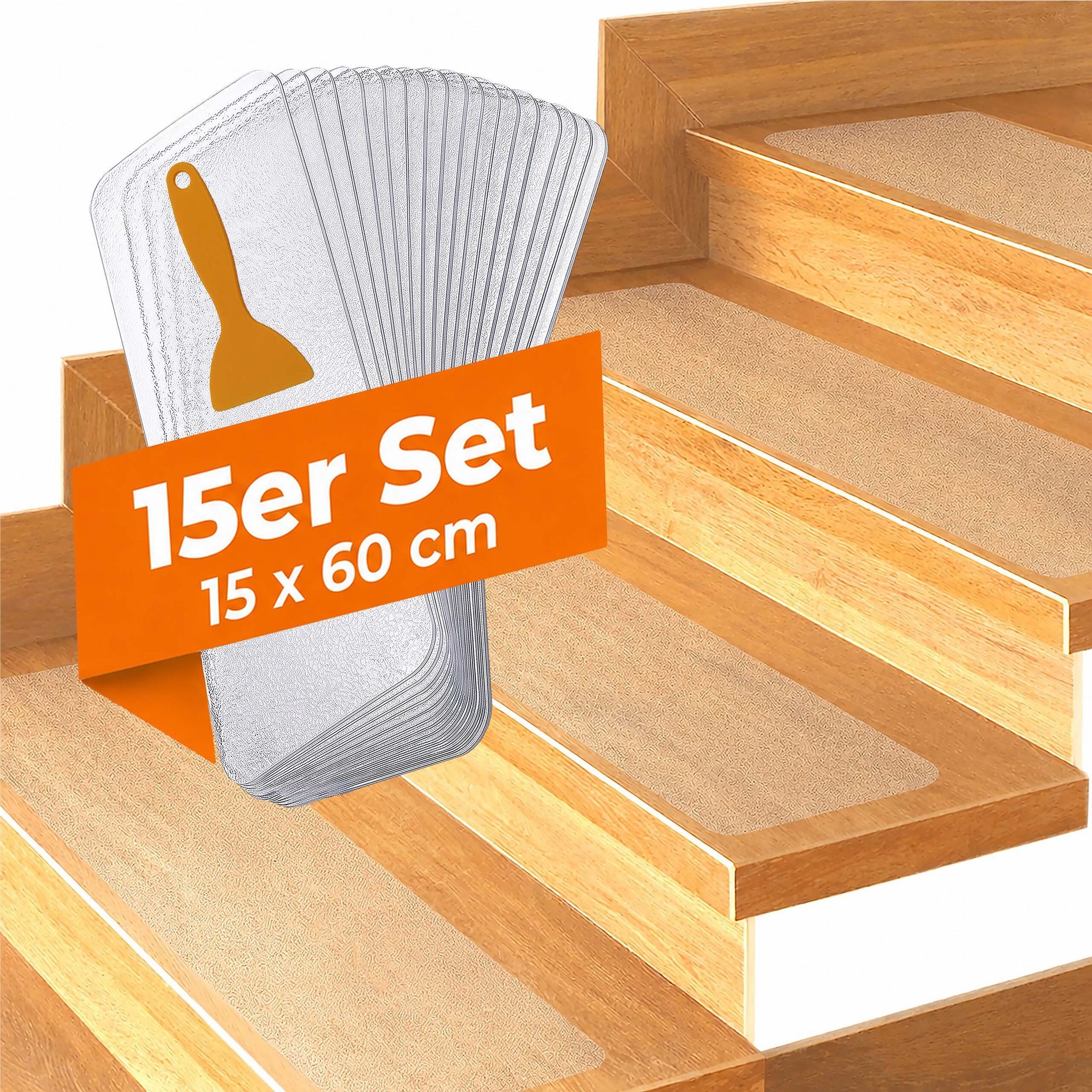Relaxdays Stufenmatten, 15er Set, Antirutschmatte, Bxt: 15x60 Cm, Für Treppen, Treppenmatte Selbstklebend, Transparent