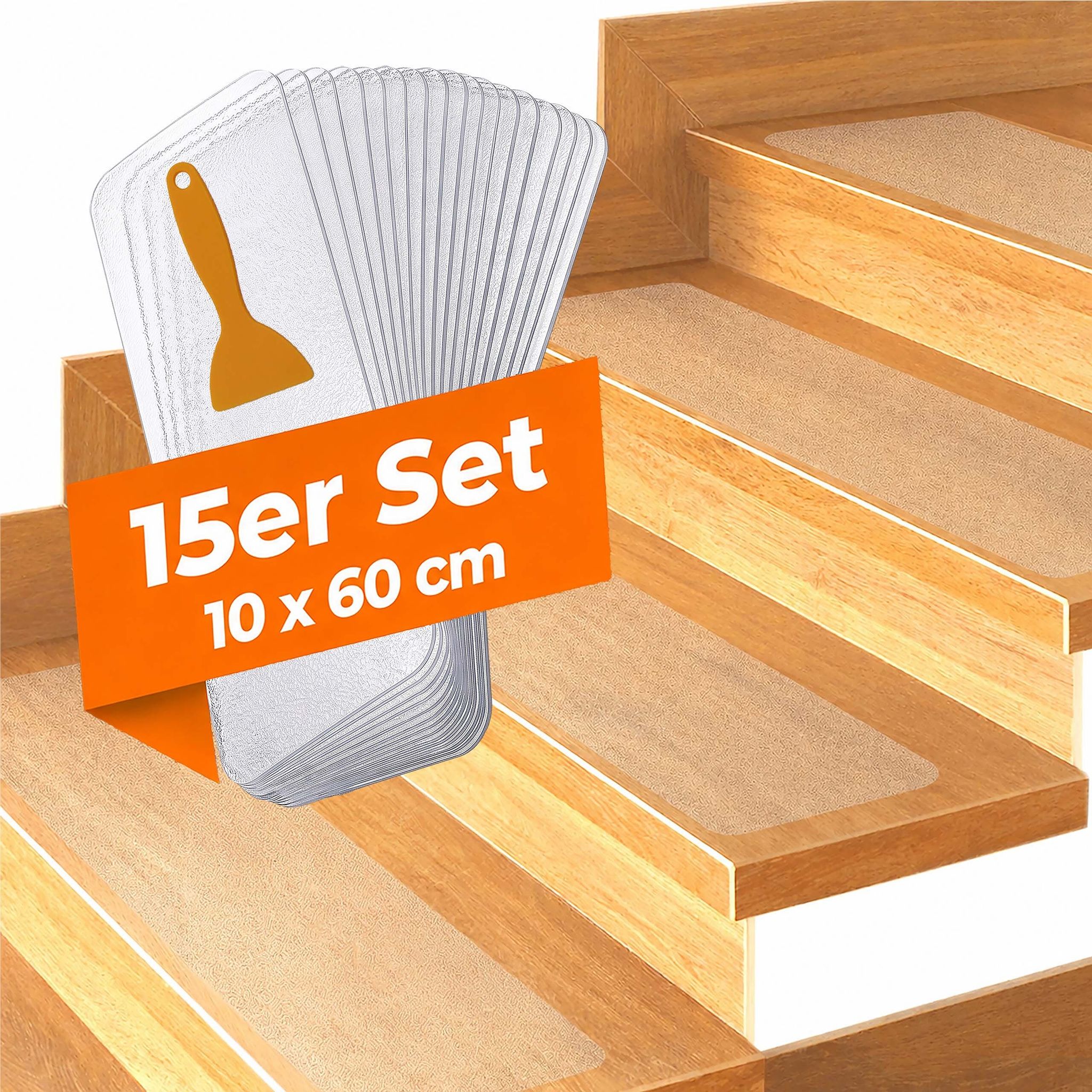 Relaxdays Stufenmatten, 15er Set, Antirutschmatte, Bxt: 10x60 Cm, Für Treppen, Treppenmatte Selbstklebend, Transparent