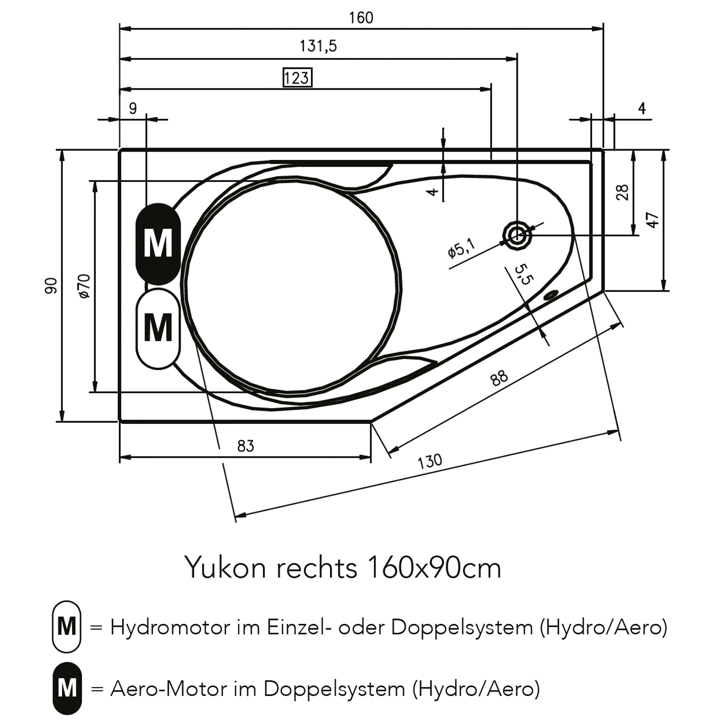 Riho Yukon Easypool 3.1 Eck-badewanne, Mit Touchbedienung,