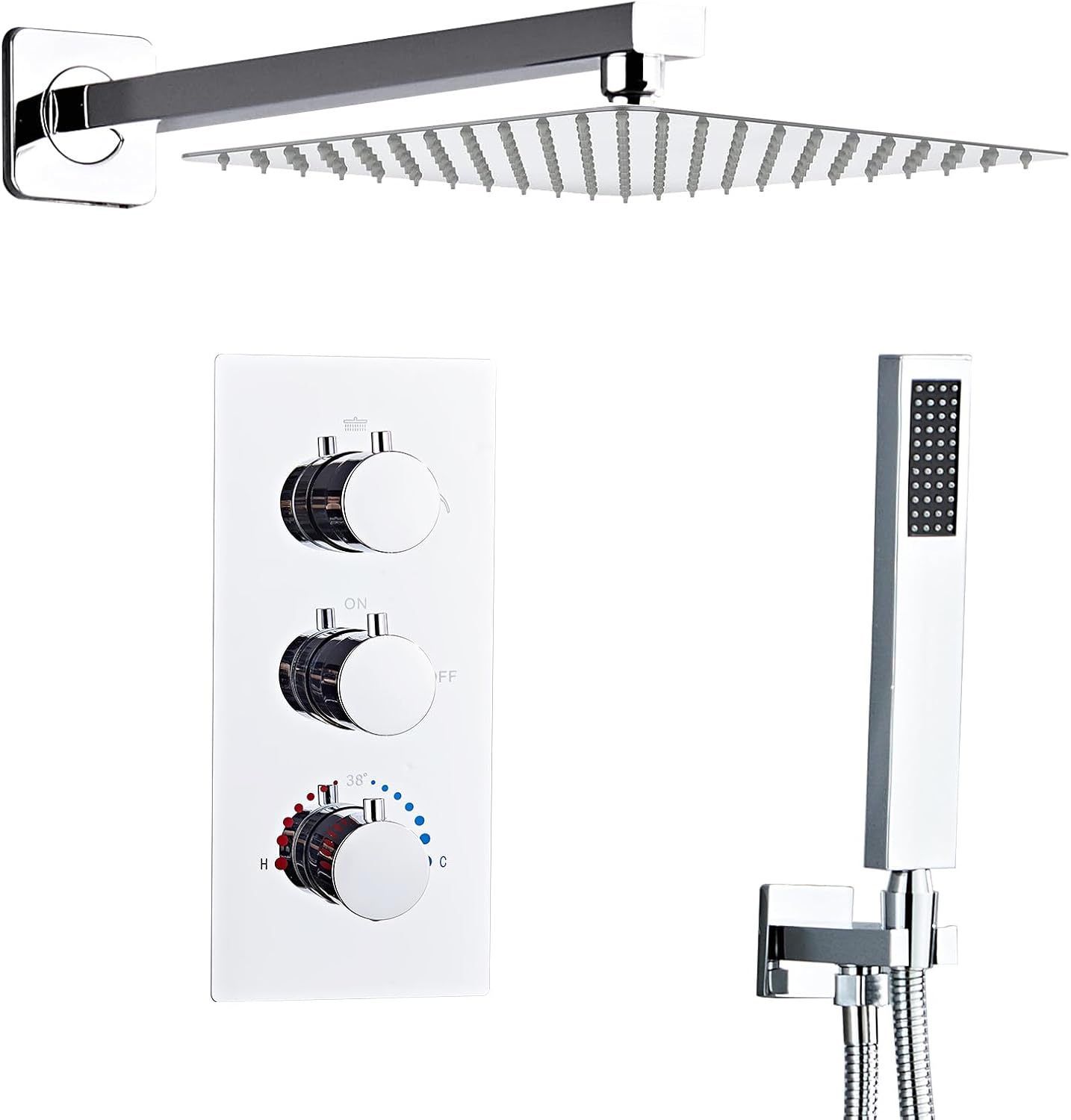 Einbaudusche Mit Thermostatmischer, Chrom Quadratische Regendusche 40 X 40 Cm, Leicht Zu Reinigende Silikondüsen Verdecktes Design Keine Wandschäden Bei Der Installation