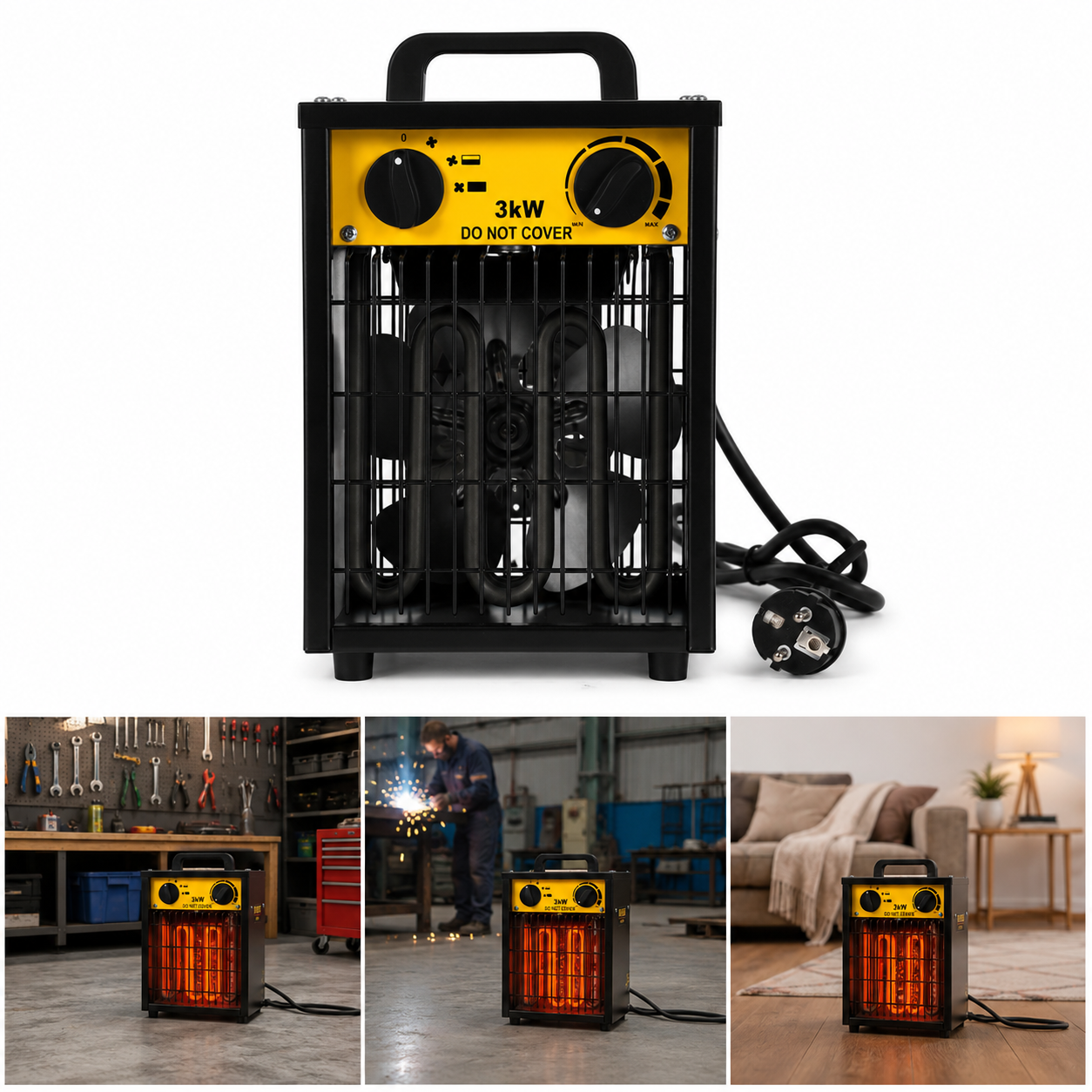 Tolletour Elektrischer Heizlüfter 3000 W, 3 Stufen, Thermostat Bis 105 °c, Bis Ca. 30 M², Schwarz Und Gelb